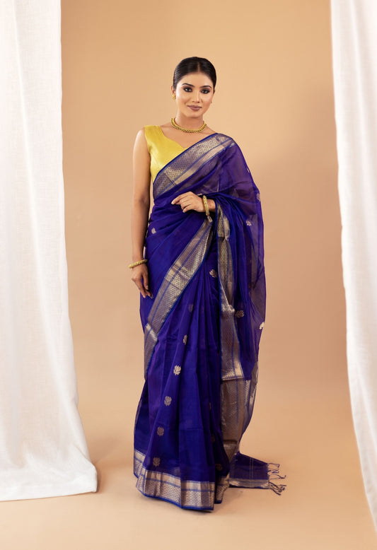 ROYAL BLUE MAHESHWARI SILK SAREE WITH GOLEN ZARI WORK