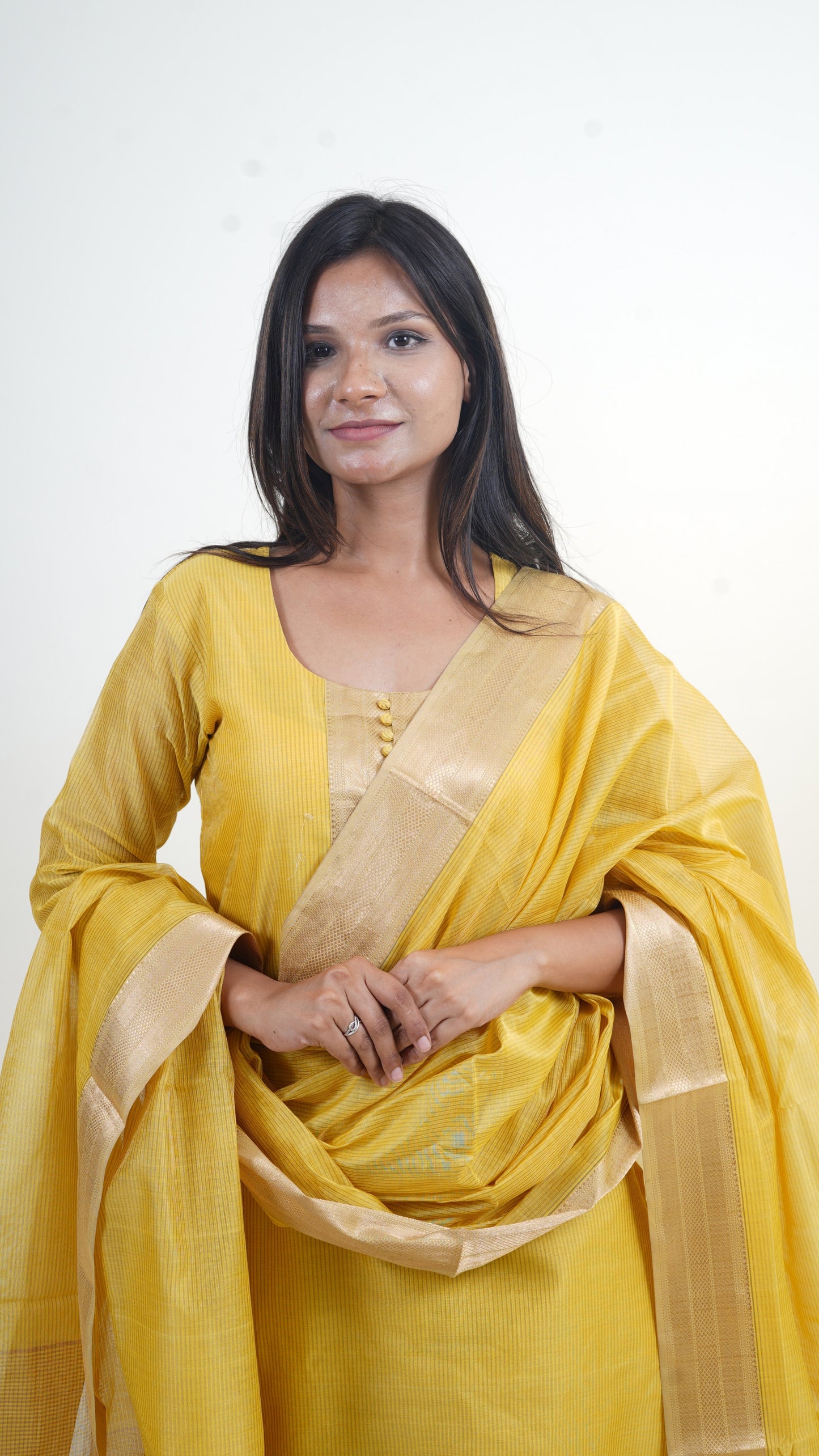 YELLOW TISSUE SILK STRIPE MAHESHWARI SUIT-DUPATTA SET