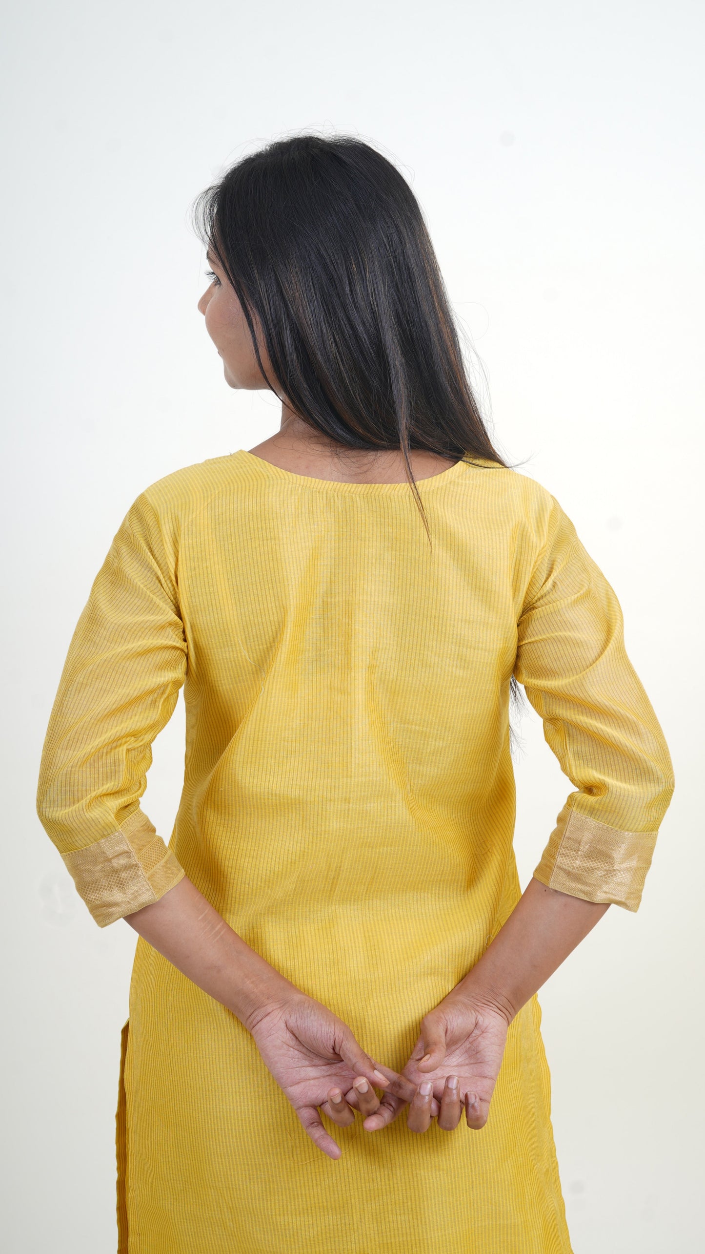 YELLOW TISSUE SILK STRIPE MAHESHWARI SUIT-DUPATTA SET