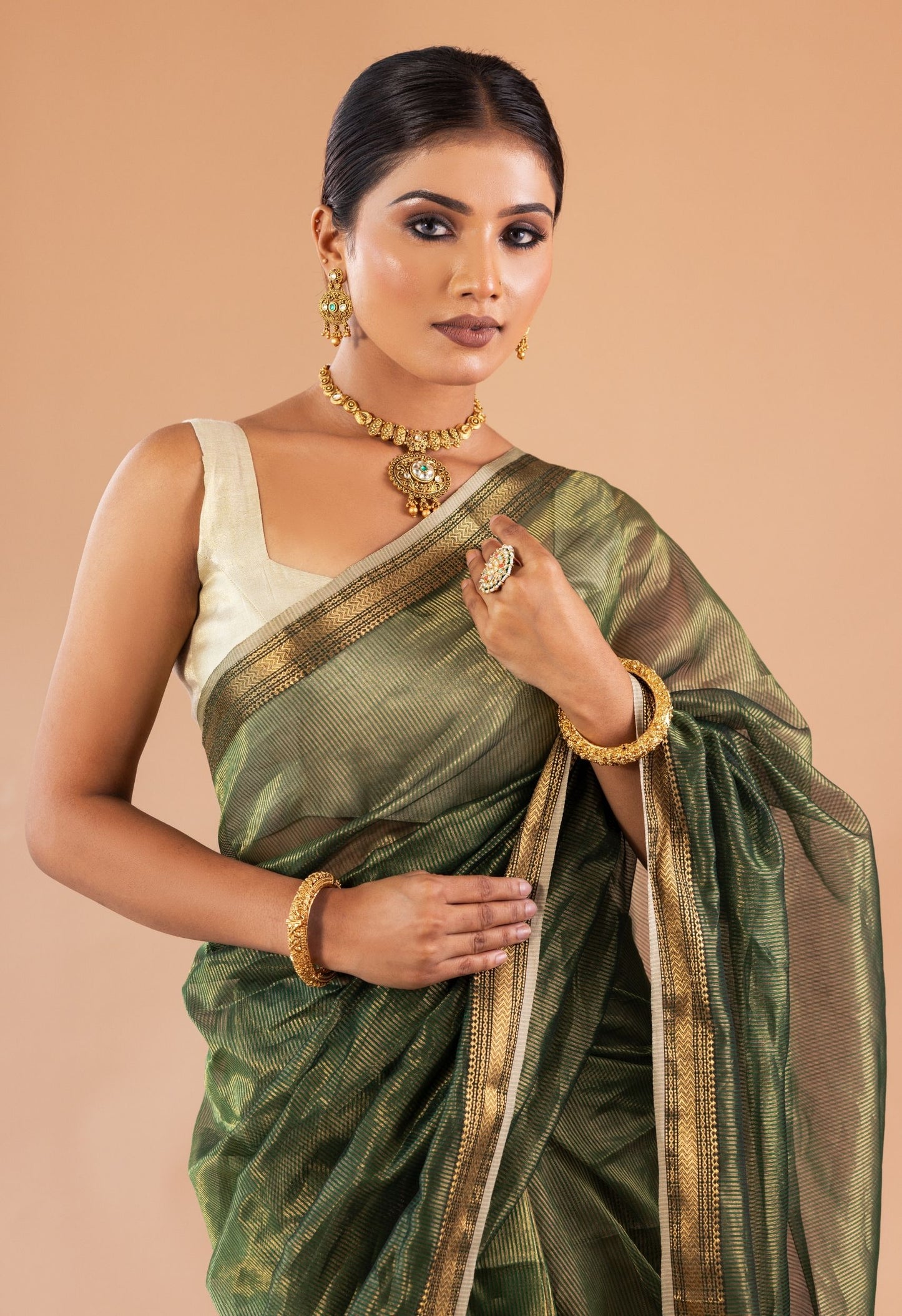 BOTTLE GREEN ZARI STRIPES KOSA PALLU SAREE