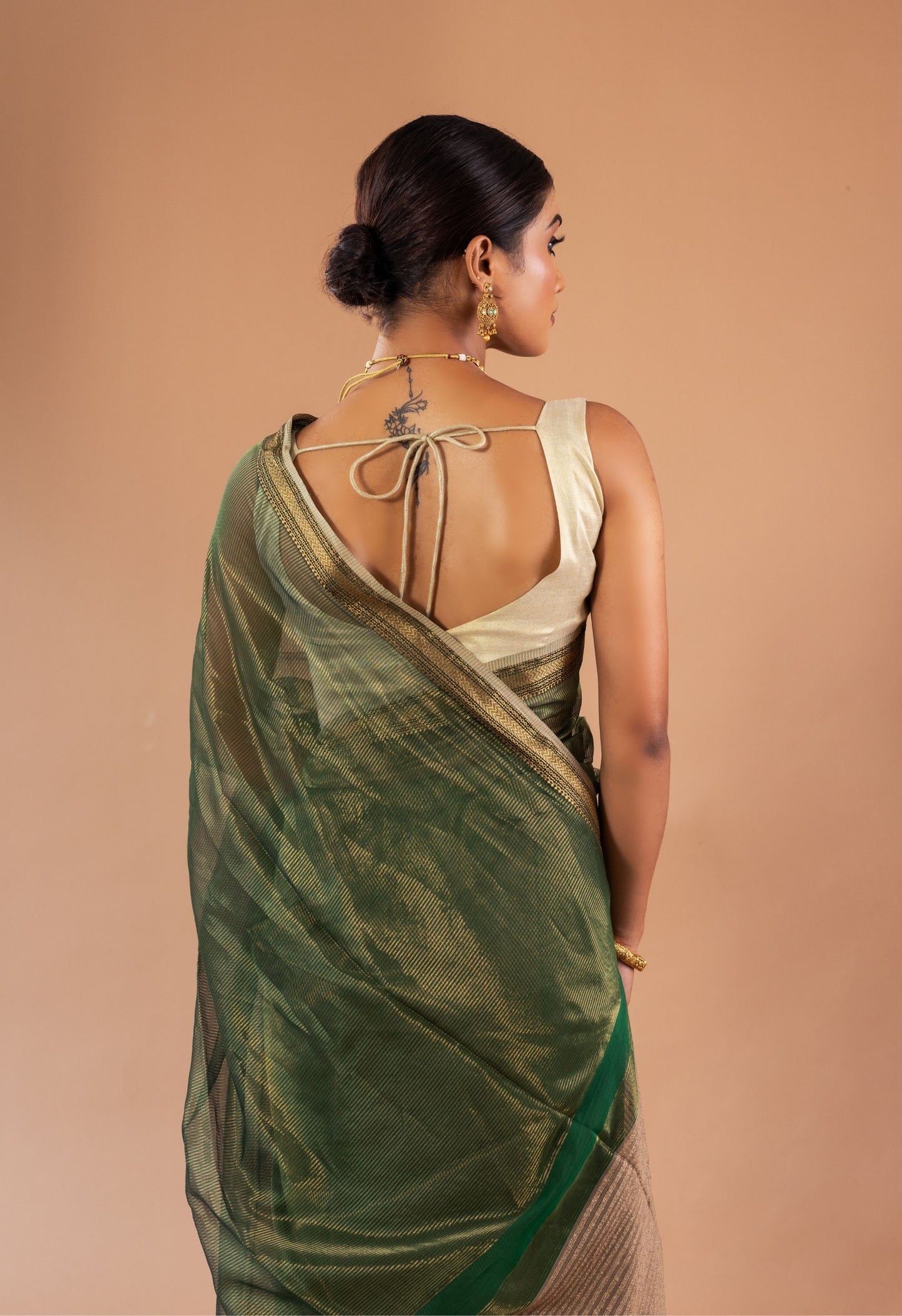 BOTTLE GREEN ZARI STRIPES KOSA PALLU SAREE