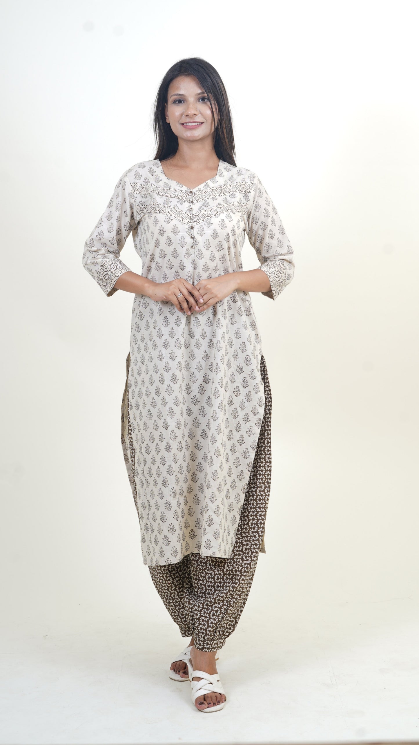 BEIGE BROWN BAGH PRINT SUIT SET