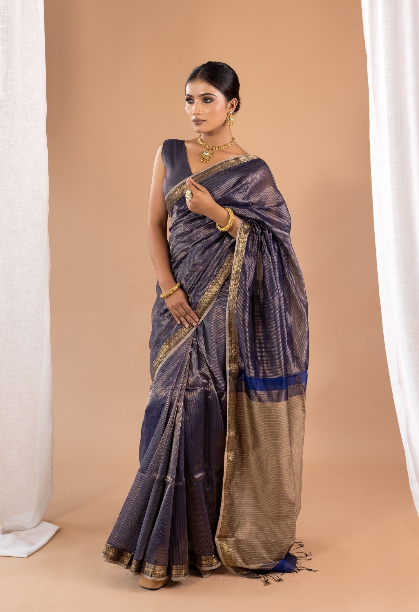 ROYAL BLUE ZARI STRIPES KOSA PALLU SAREE