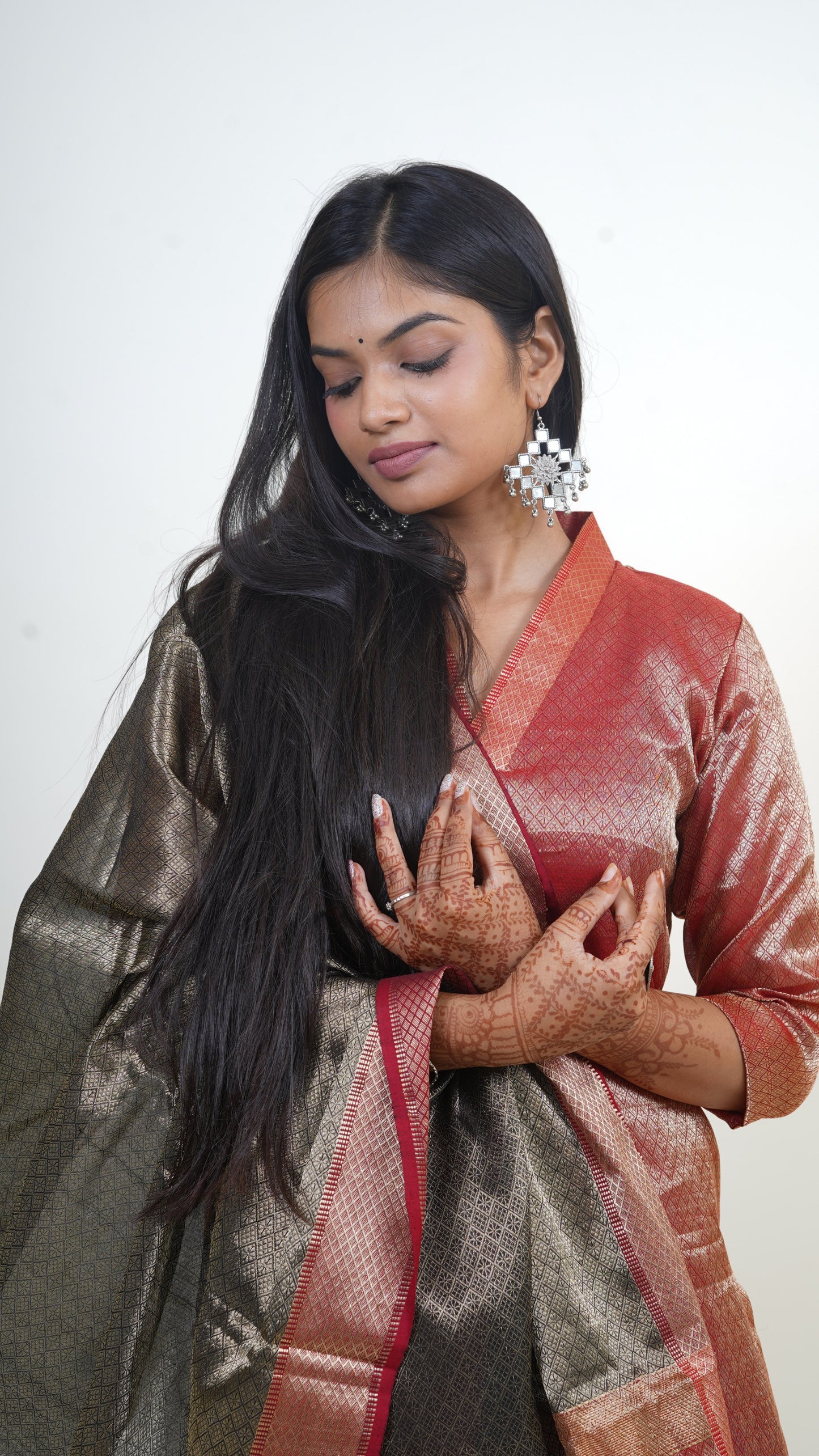 BRICK RED -BLACK BROCADE MAHESHWARI SUIT-DUPATTA SETS