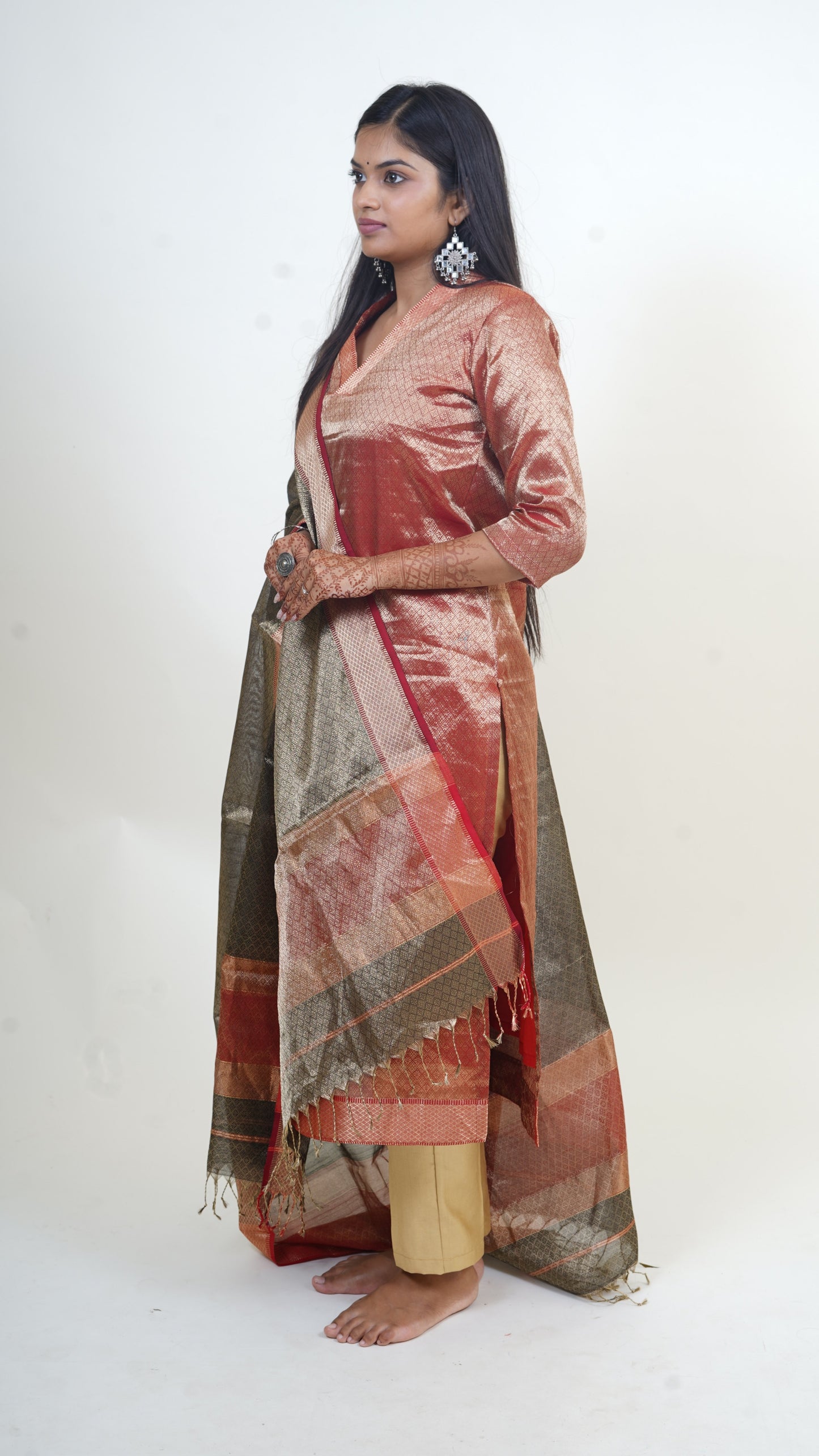 BRICK RED -BLACK BROCADE MAHESHWARI SUIT-DUPATTA SETS