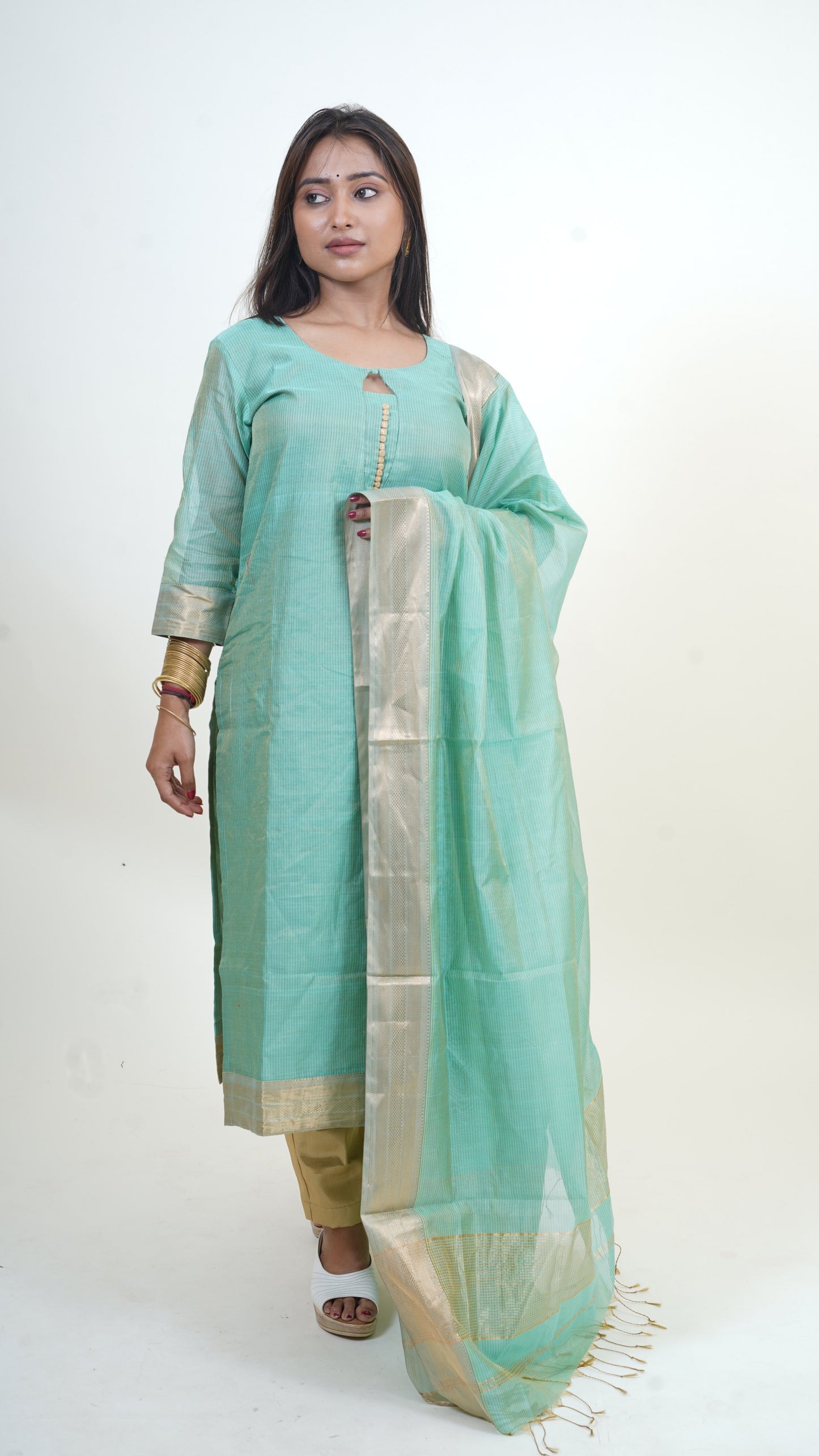 TEAL BLUE TISSUE SILK STRIP MAHESHWARI SUIT-DUPATTA SET