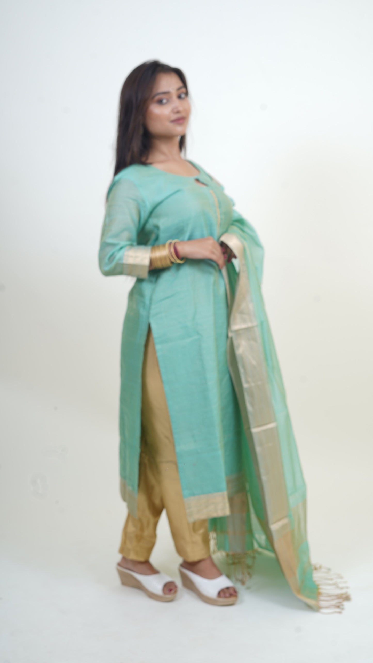 TEAL BLUE TISSUE SILK STRIP MAHESHWARI SUIT-DUPATTA SET