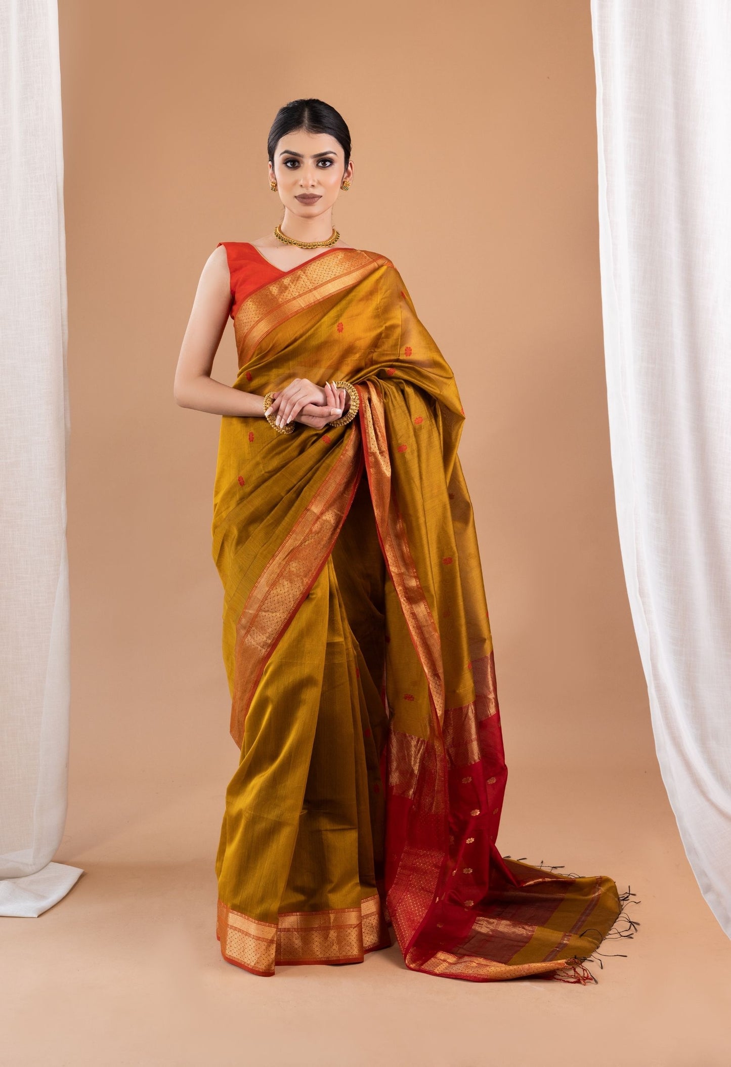 YELLOW RED BUTTI MAHESHWARI SAREE
