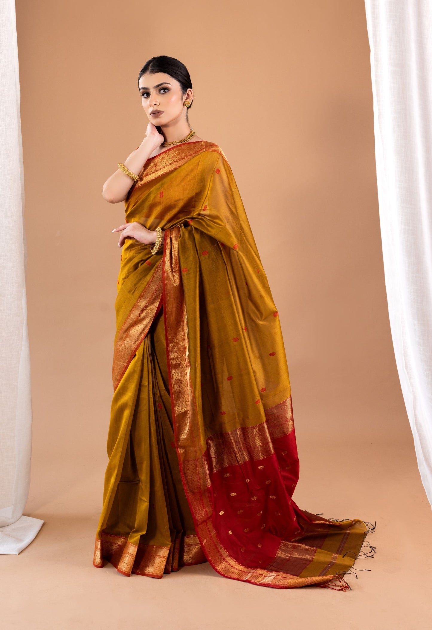 YELLOW RED BUTTI MAHESHWARI SAREE