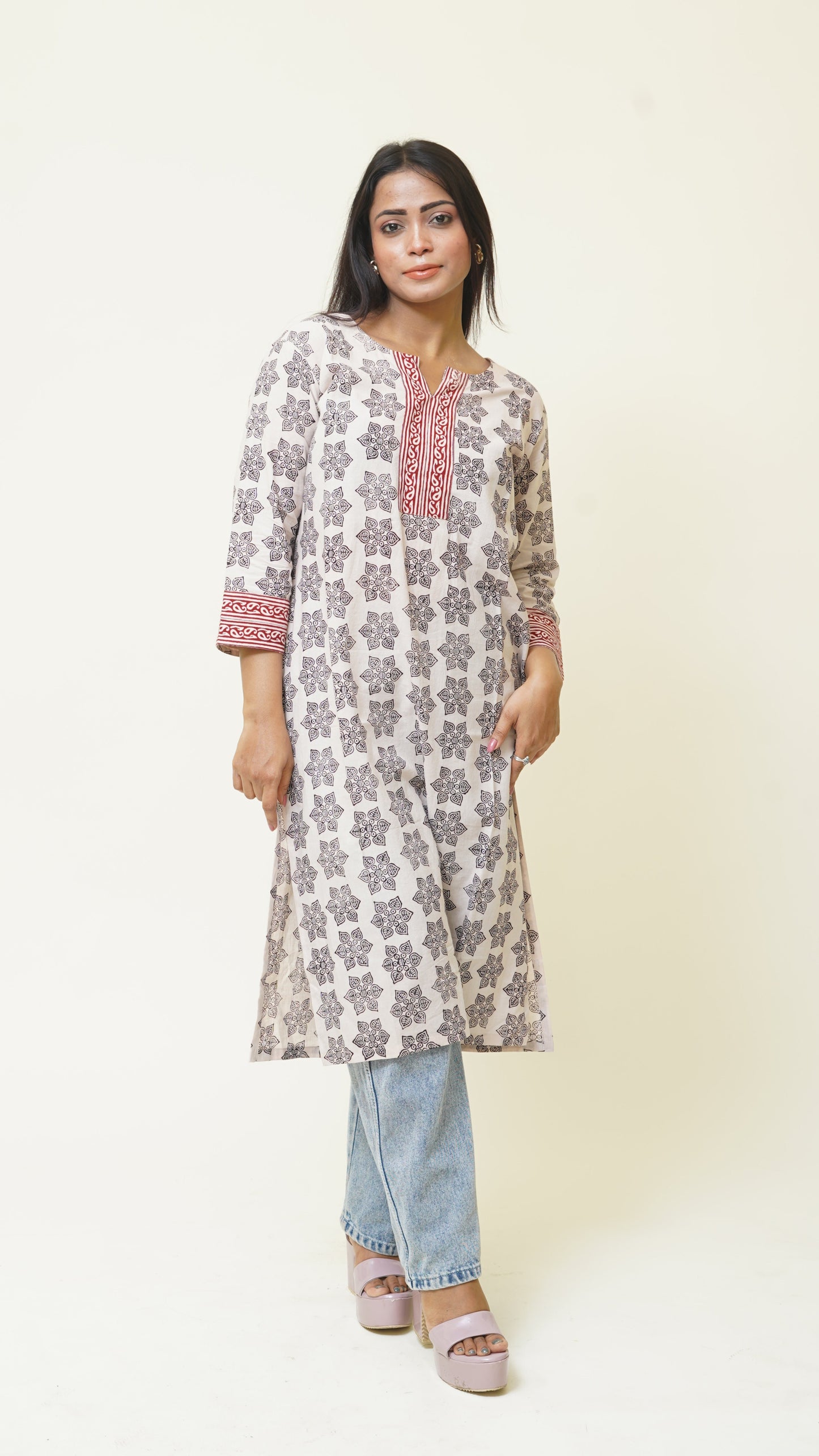 BEIGH BLACK RED BORDER KURTA