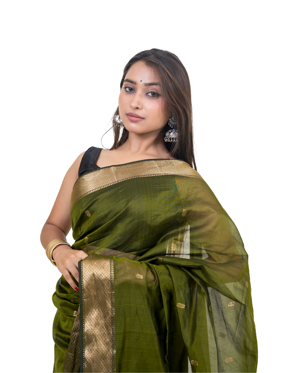 MEHNDI GREEN BLACK LOTUS BUTTA MAHESHWARI SAREE