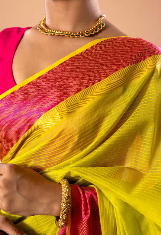 YELLOW PINK BORDER MAHESHWARI SAREE