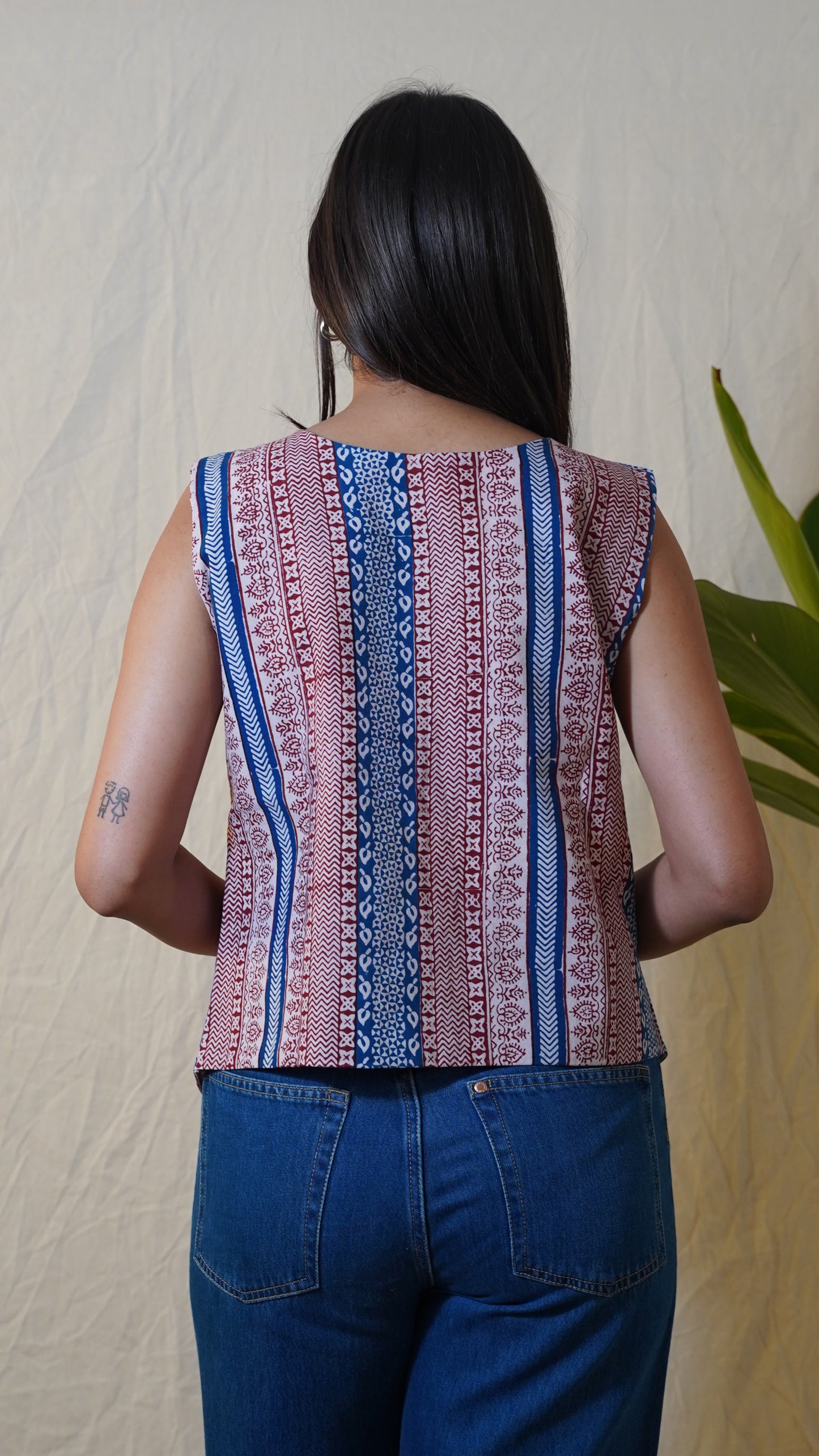RUST RED INDIGO STRIPED SLEEVELESS BAGH PRINT TOP