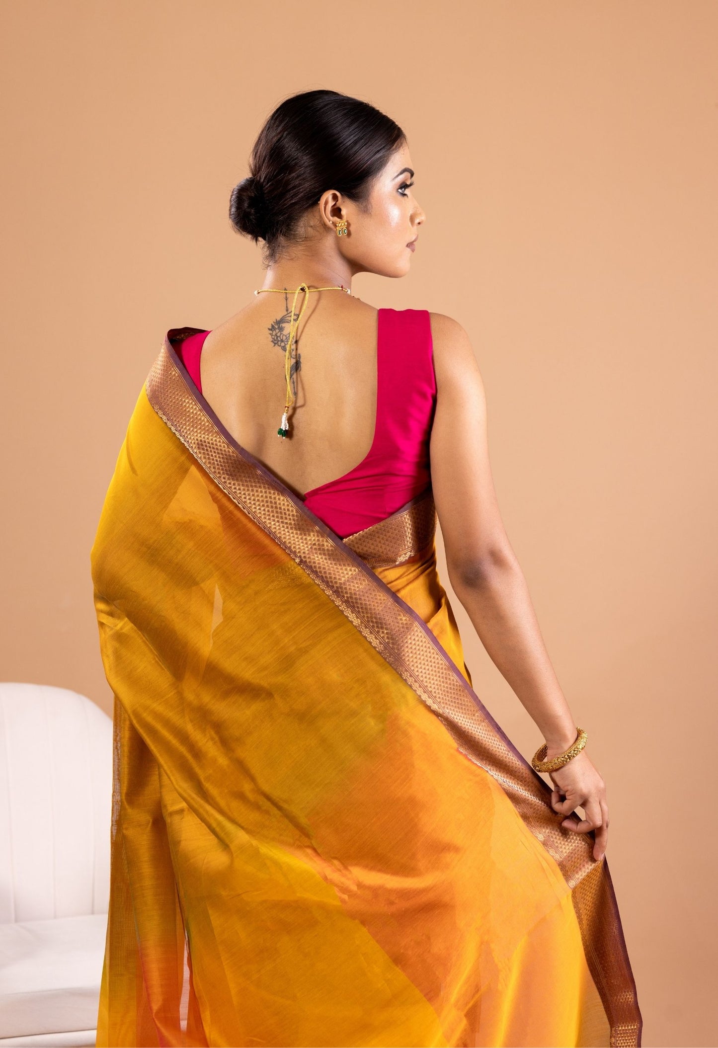 MUSTARD YELLOW VERTICAL BOOTI MAHESHWARI SILK SAREE