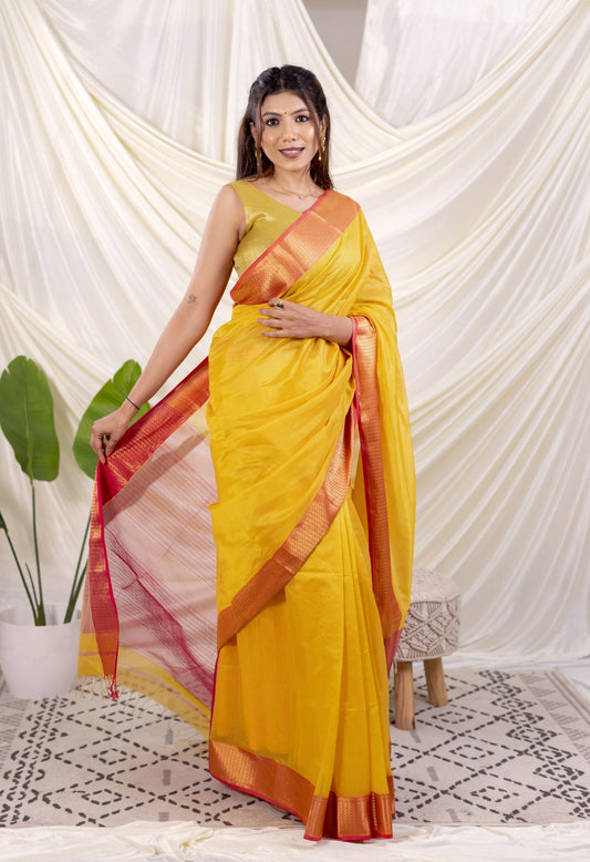 YELLOW PINK BORDER MAHESHWARI SAREE