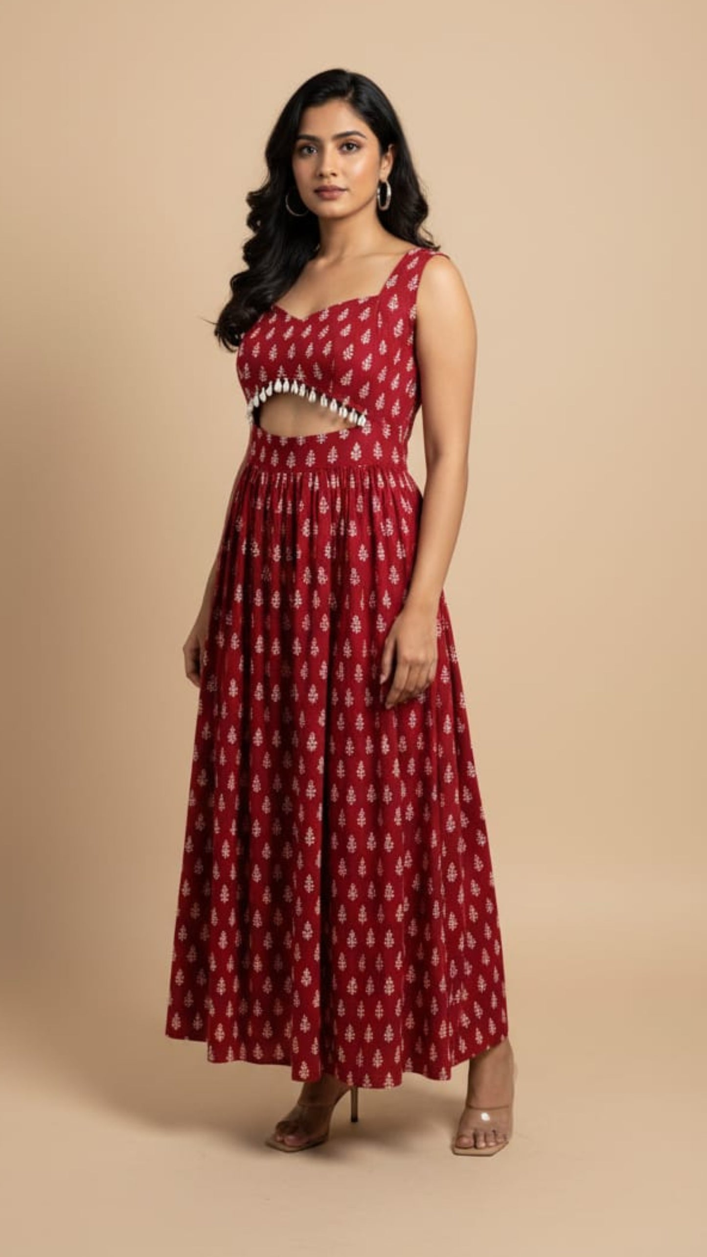 RED WHITE BAGH PRINT DRESS