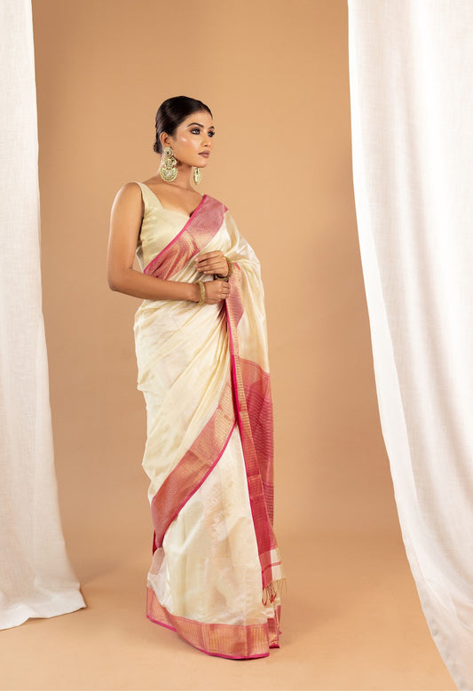 OFF WHITE PINK BORDER MAHESHWARI SAREE