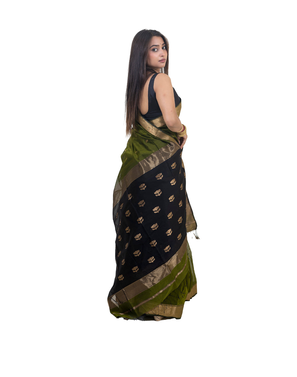MEHNDI GREEN BLACK LOTUS BUTTA MAHESHWARI SAREE