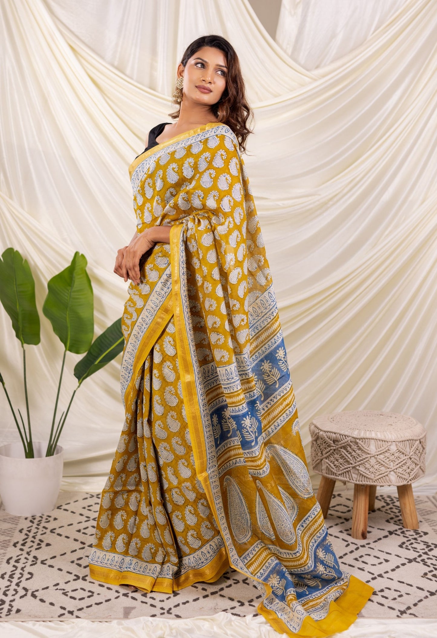 MUSTARD YELLOW BAGH PRINT SILK SAREE
