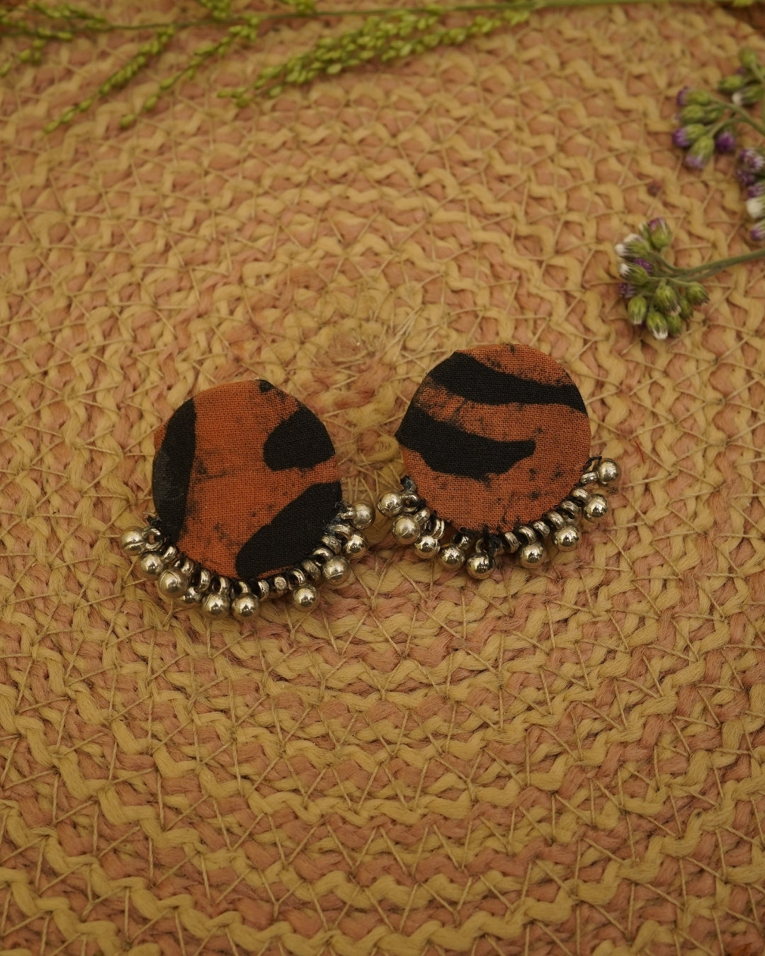 RUST BROWN BLACK BATIK PRINT EARRING