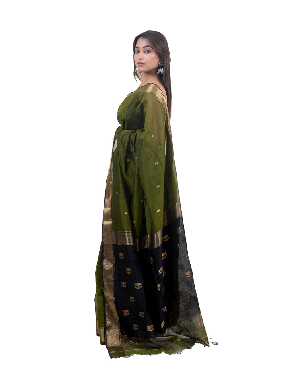 MEHNDI GREEN BLACK LOTUS BUTTA MAHESHWARI SAREE