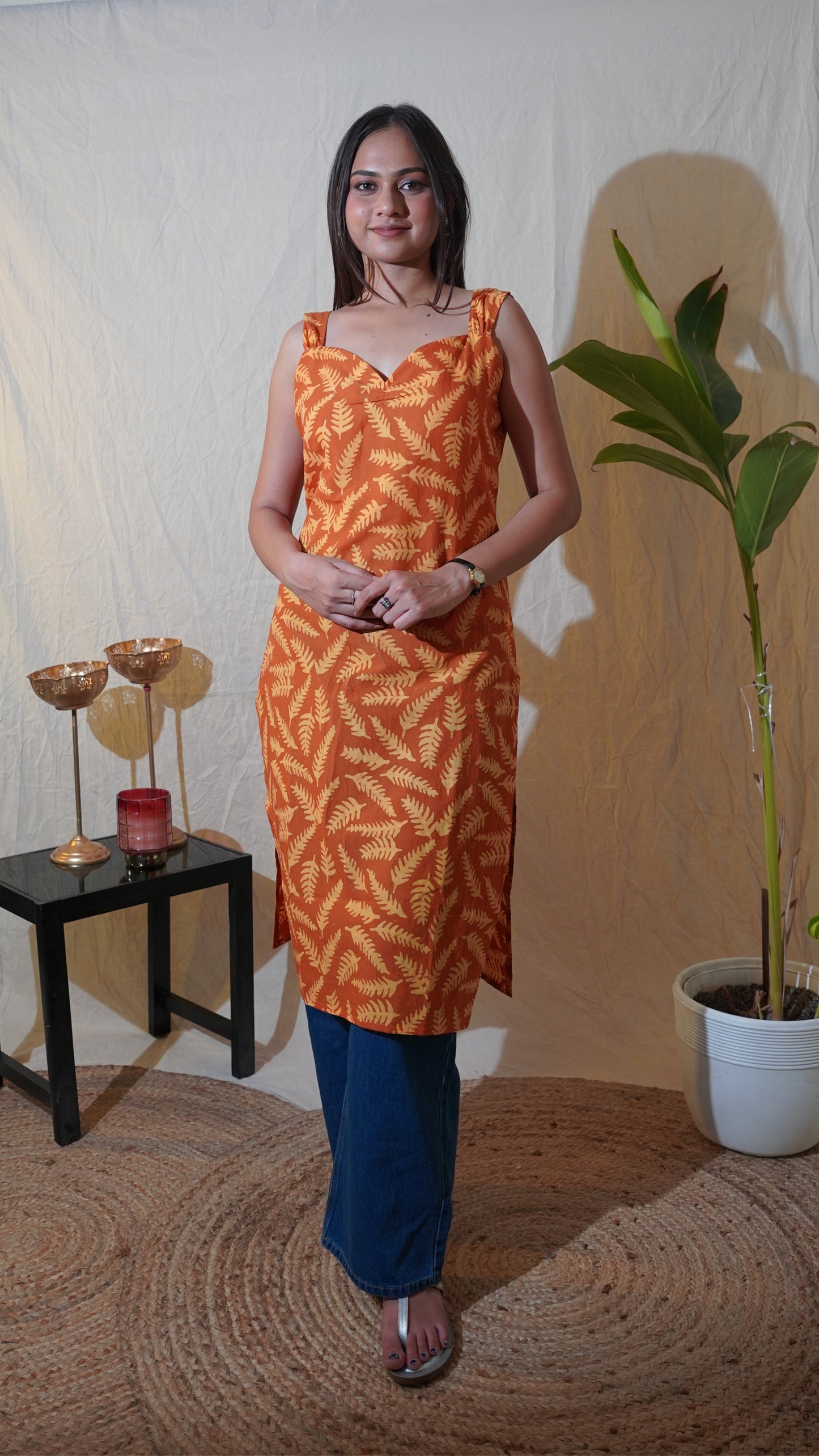 ORANGE YELLOW LEAF BATIK PRINT KURTI
