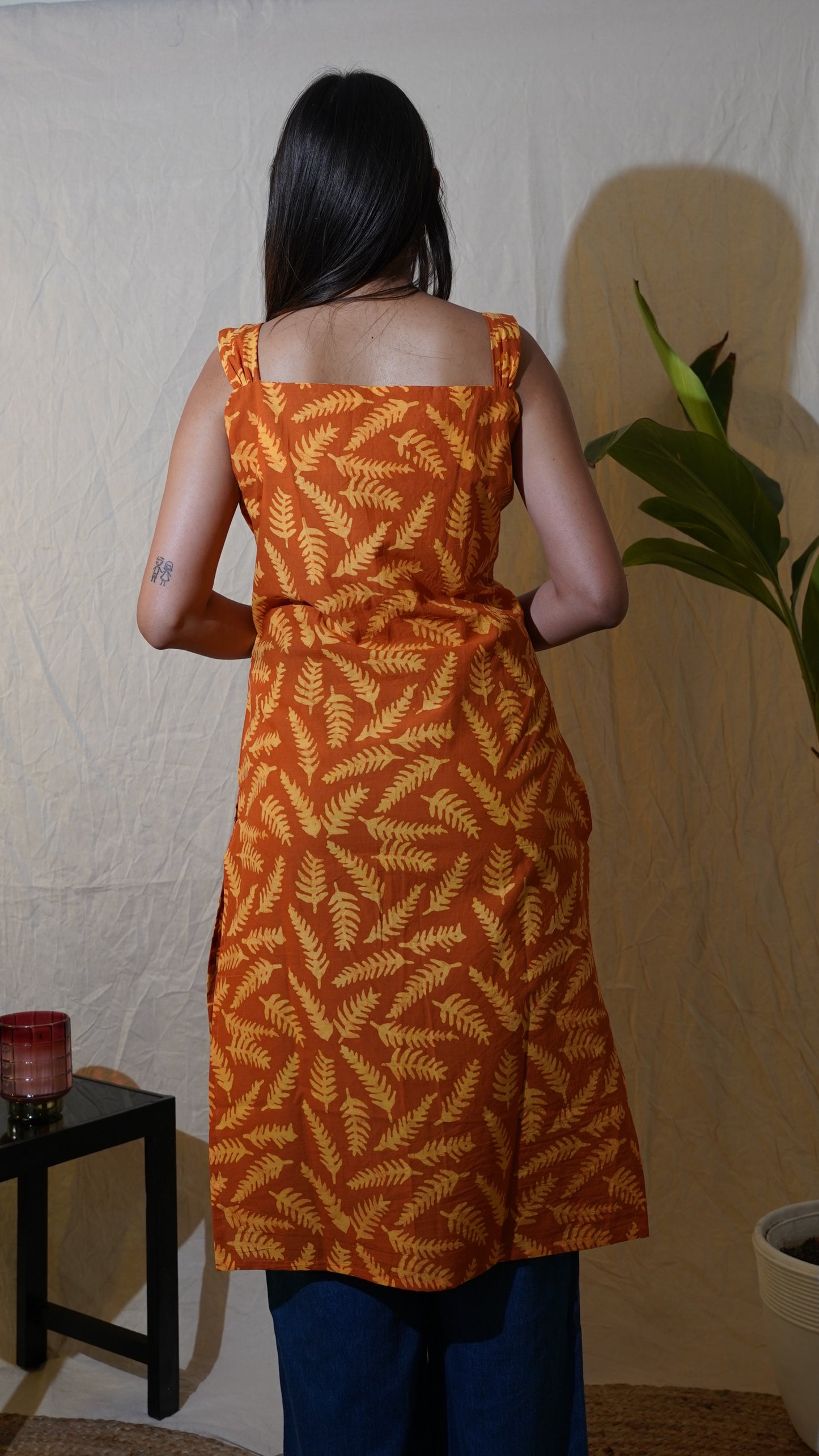 ORANGE YELLOW LEAF BATIK PRINT KURTI