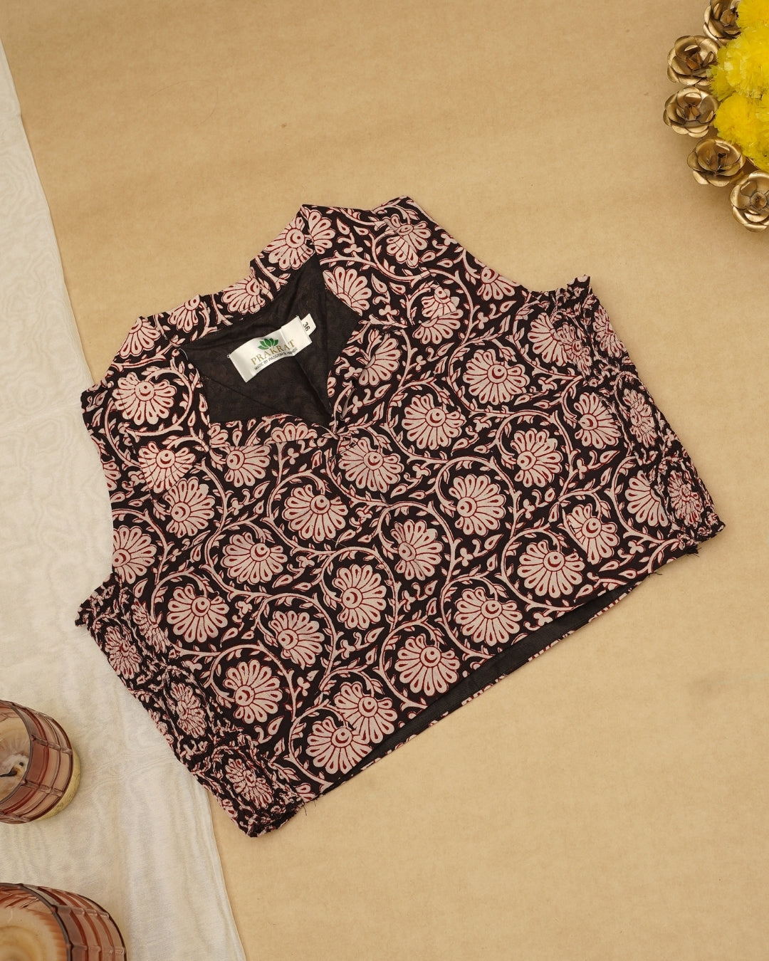 BLACK RED COLLAR BAGH PRINT BLOUSE
