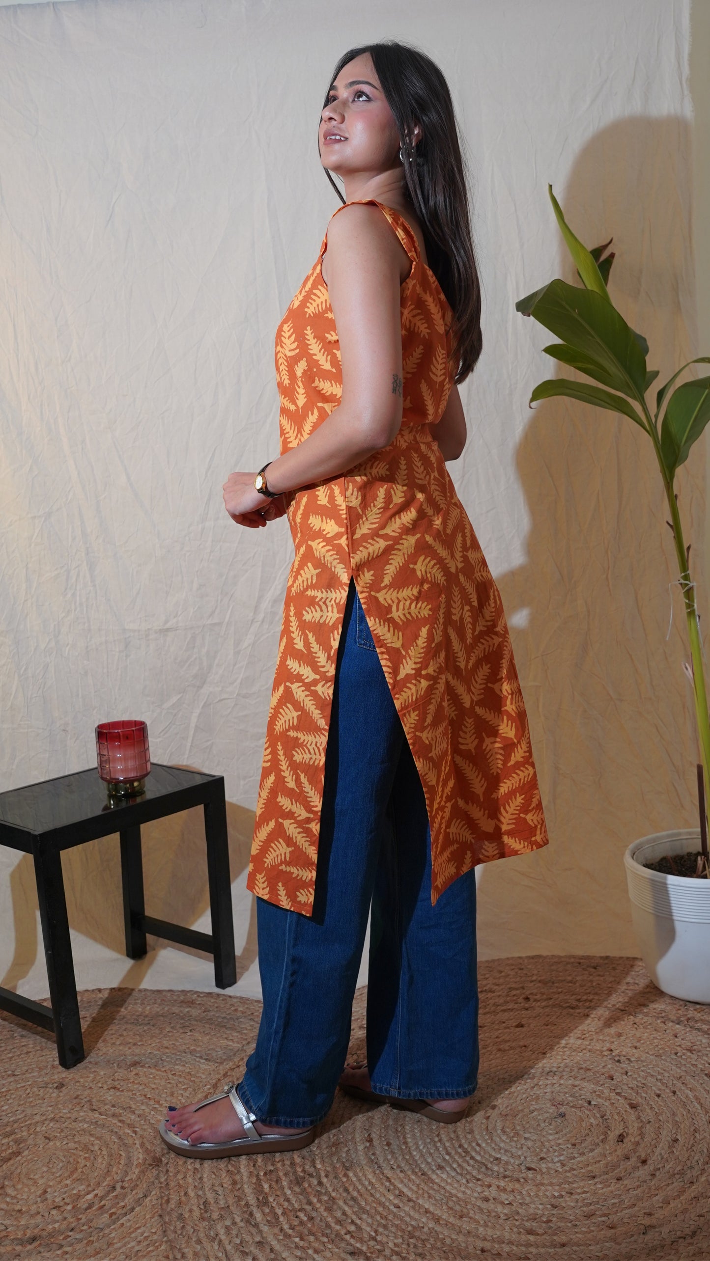 ORANGE YELLOW LEAF BATIK PRINT KURTI
