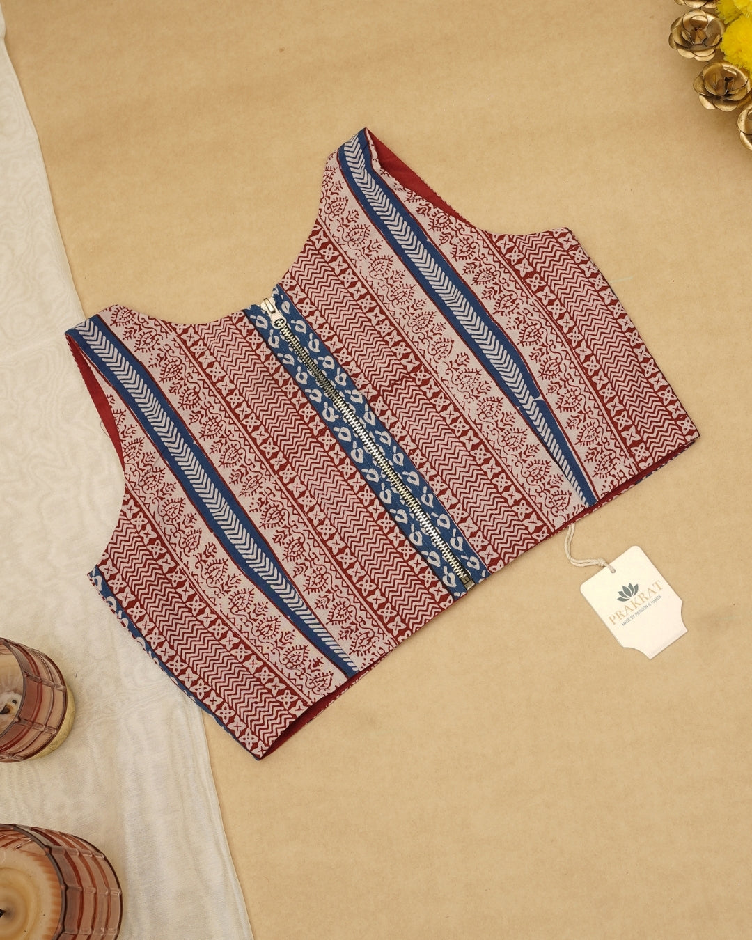 RUST RED INDIGO STRIPED BAGH PRINT BLOUSE