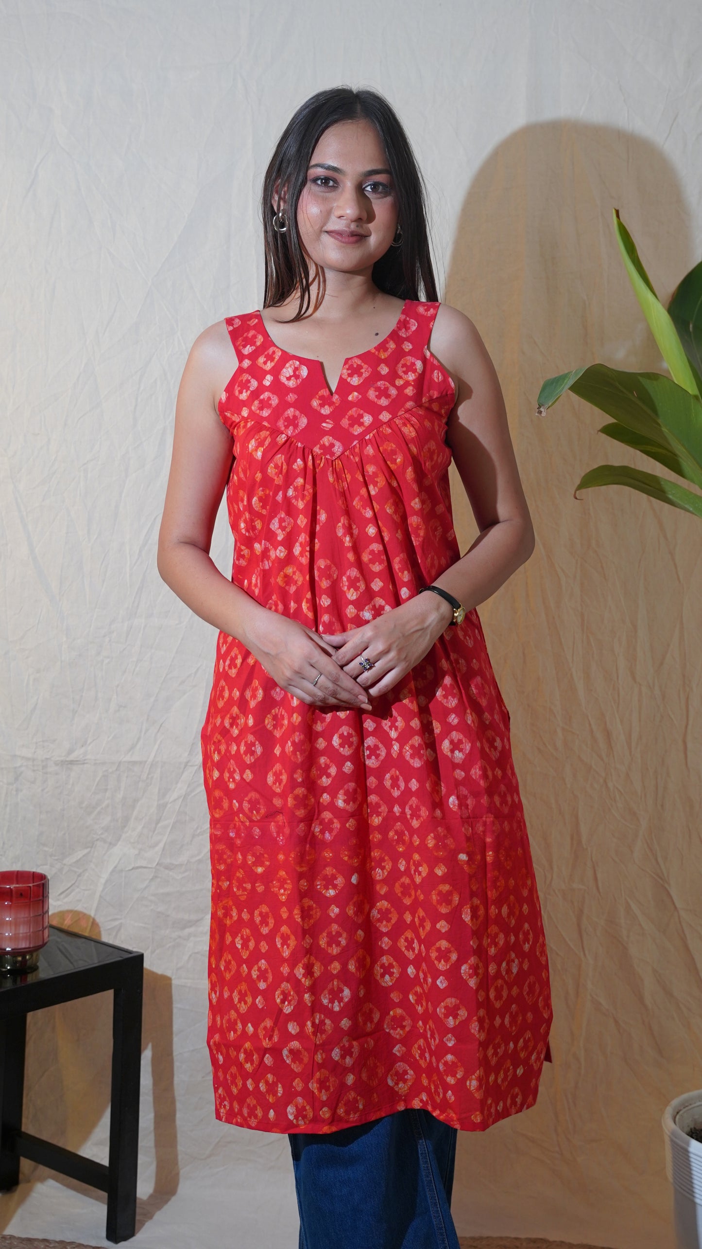 ORANGE WHITE BATIK PRINT KURTI