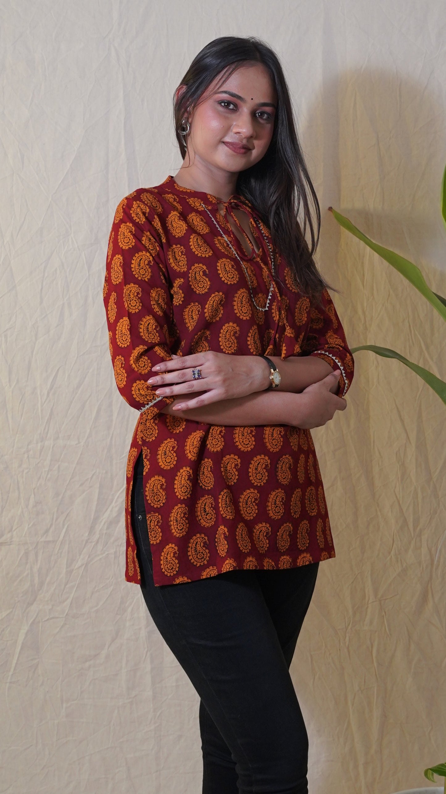 COFFEE BROWN YELLOW BAGH PRINT SHORT KURTI