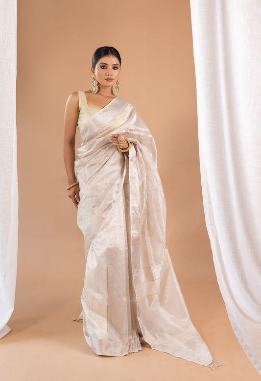 WHITE SILVER ZARI MAHESHWARI SILK SAREE