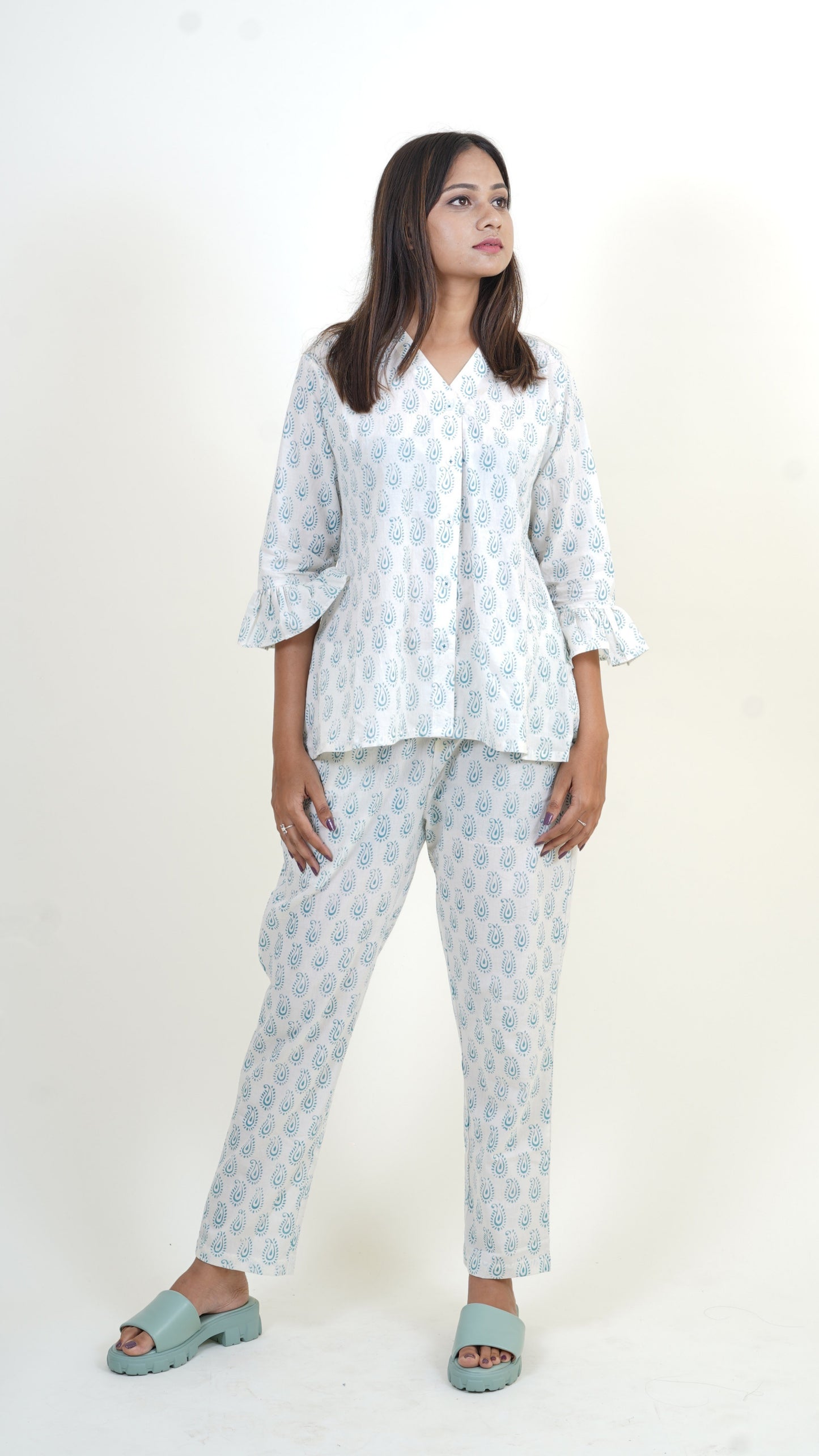 PEARL WHITE INDIGO BAGH PRINT CO-ORD SET