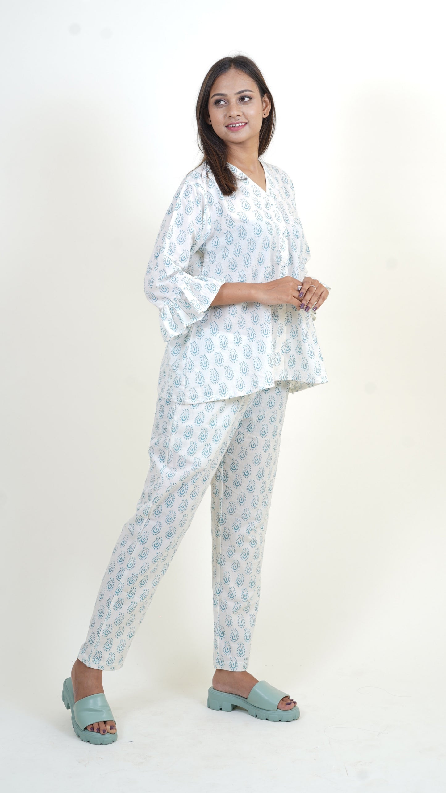 PEARL WHITE INDIGO BAGH PRINT CO-ORD SET