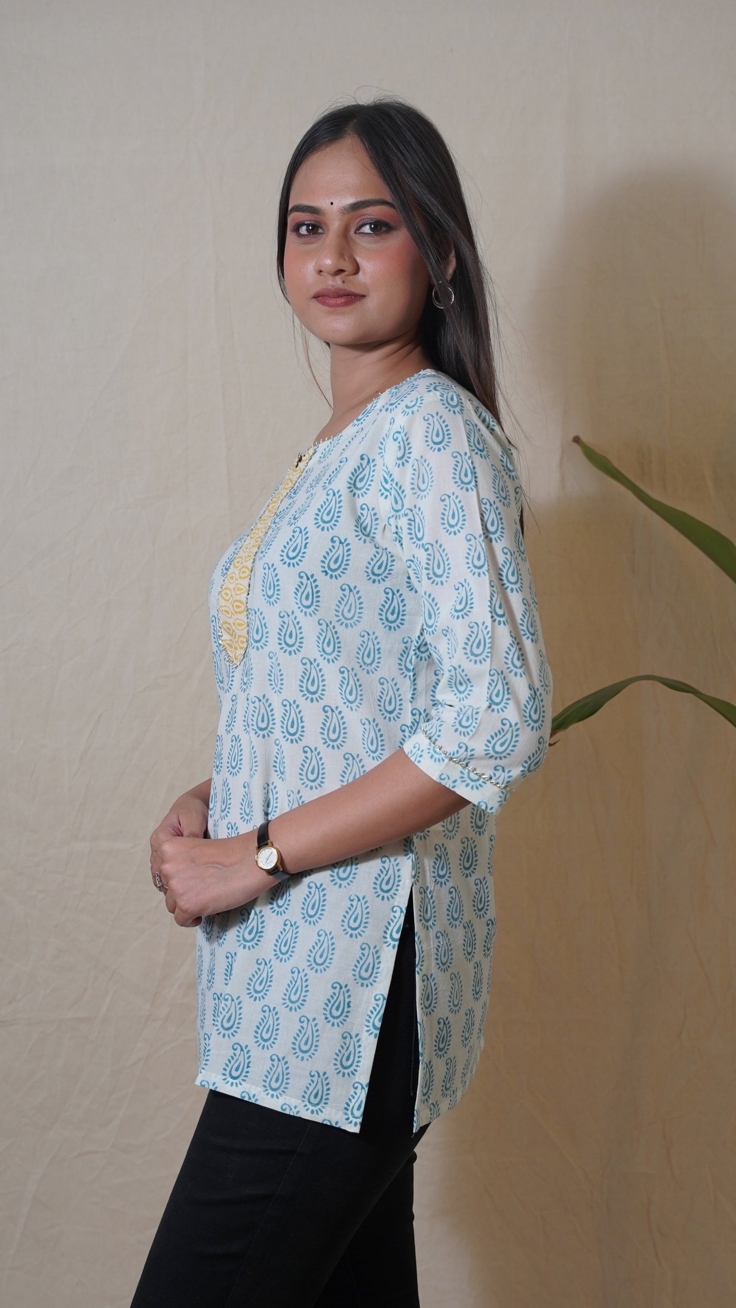 PEARL WHITE INDIGO BAGH PRINT SHORT KURTI