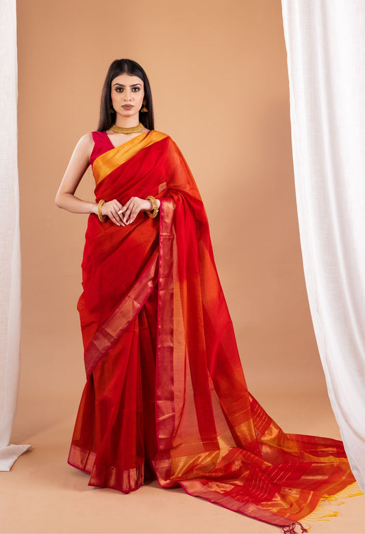 RED ORANGE DUAL SHADE BORDER MAHESHWARI SILK SAREE