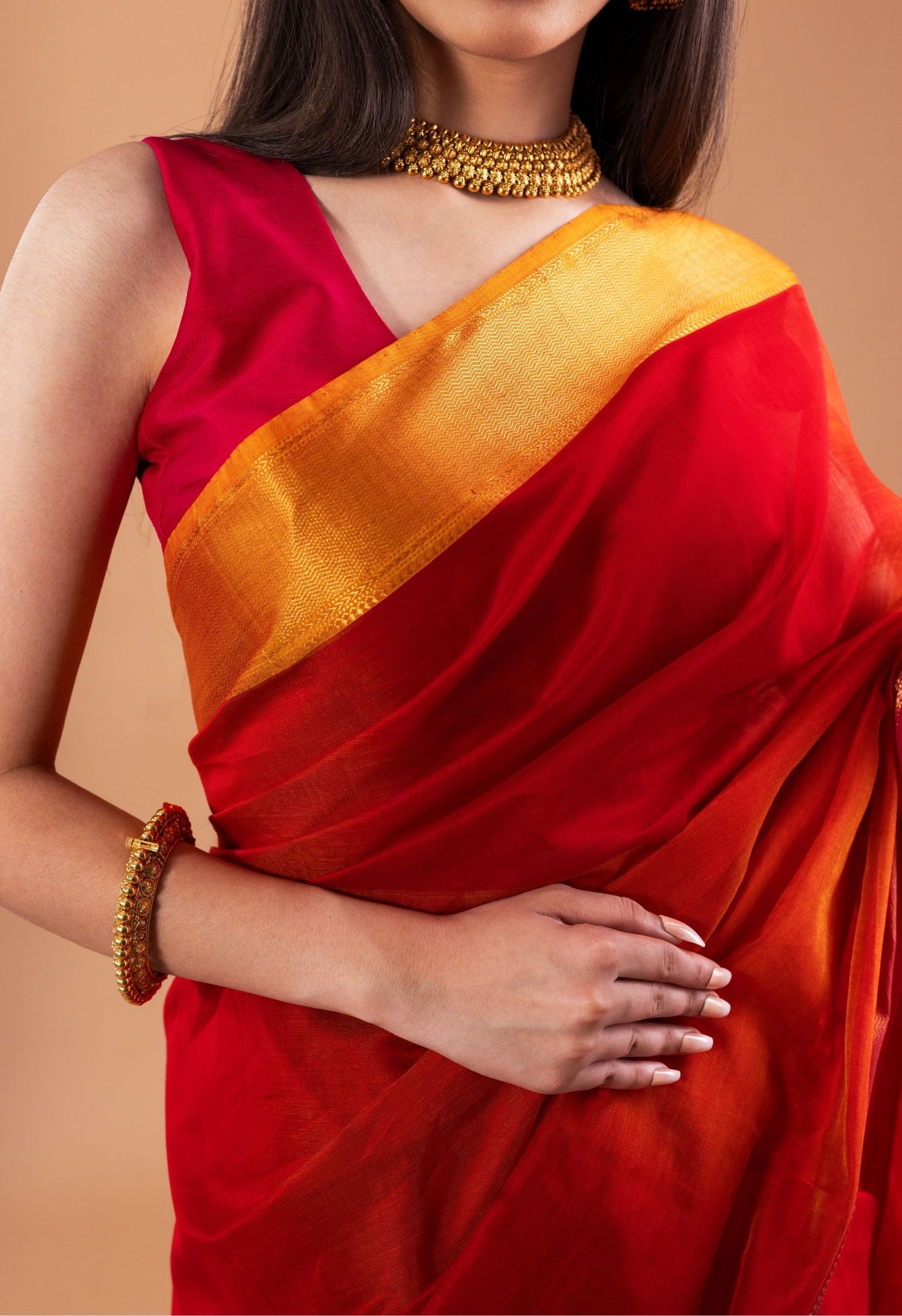 RED ORANGE DUAL SHADE BORDER MAHESHWARI SILK SAREE