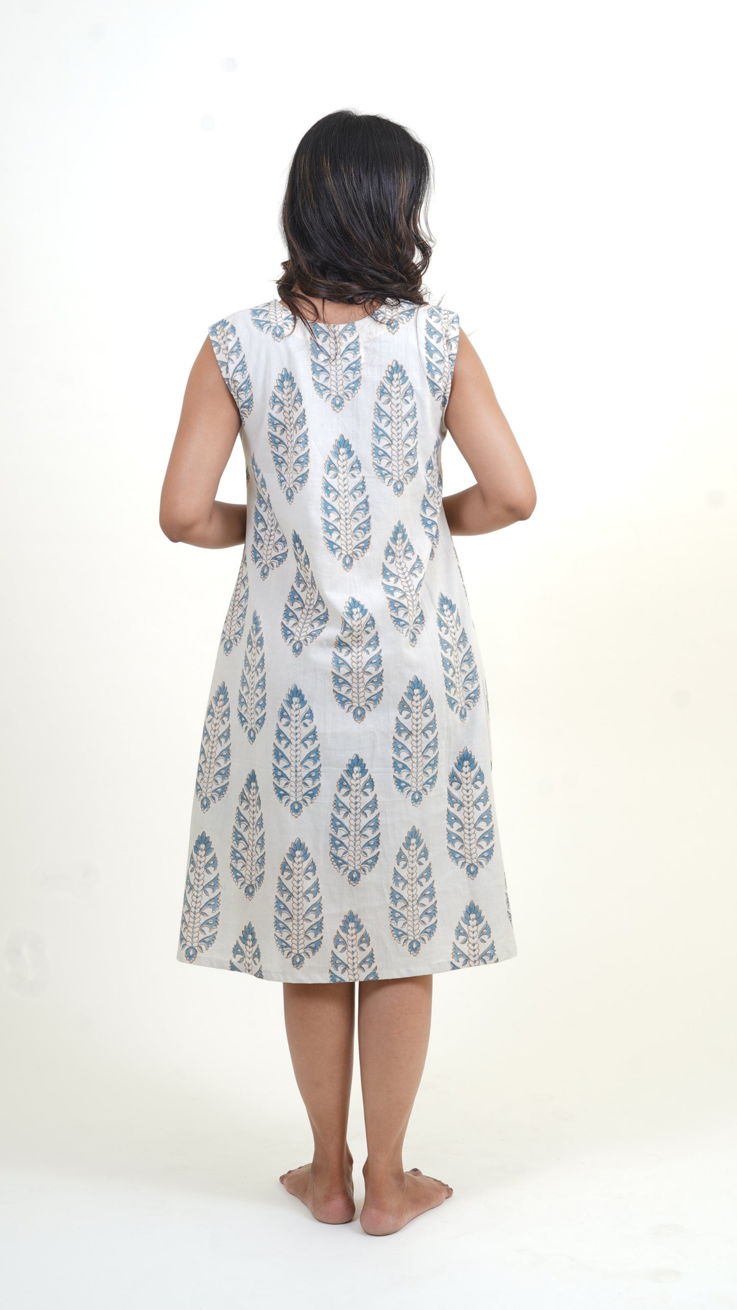 BEIGE INDIGO BAGH PRINT DRESS WITH BLUE CROPTOP