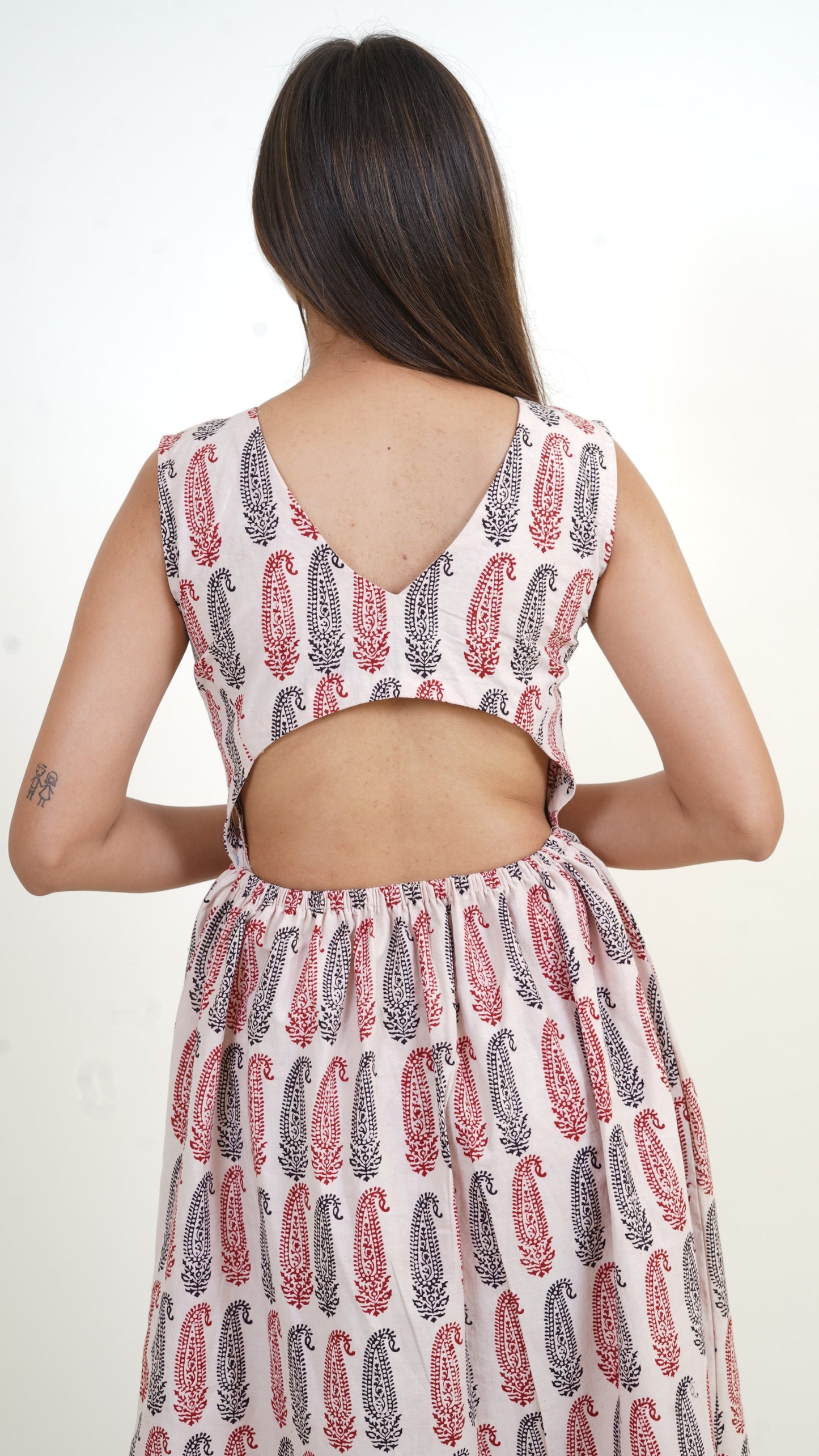 WHITE RED & BLACK BAGH PRINT DRESS