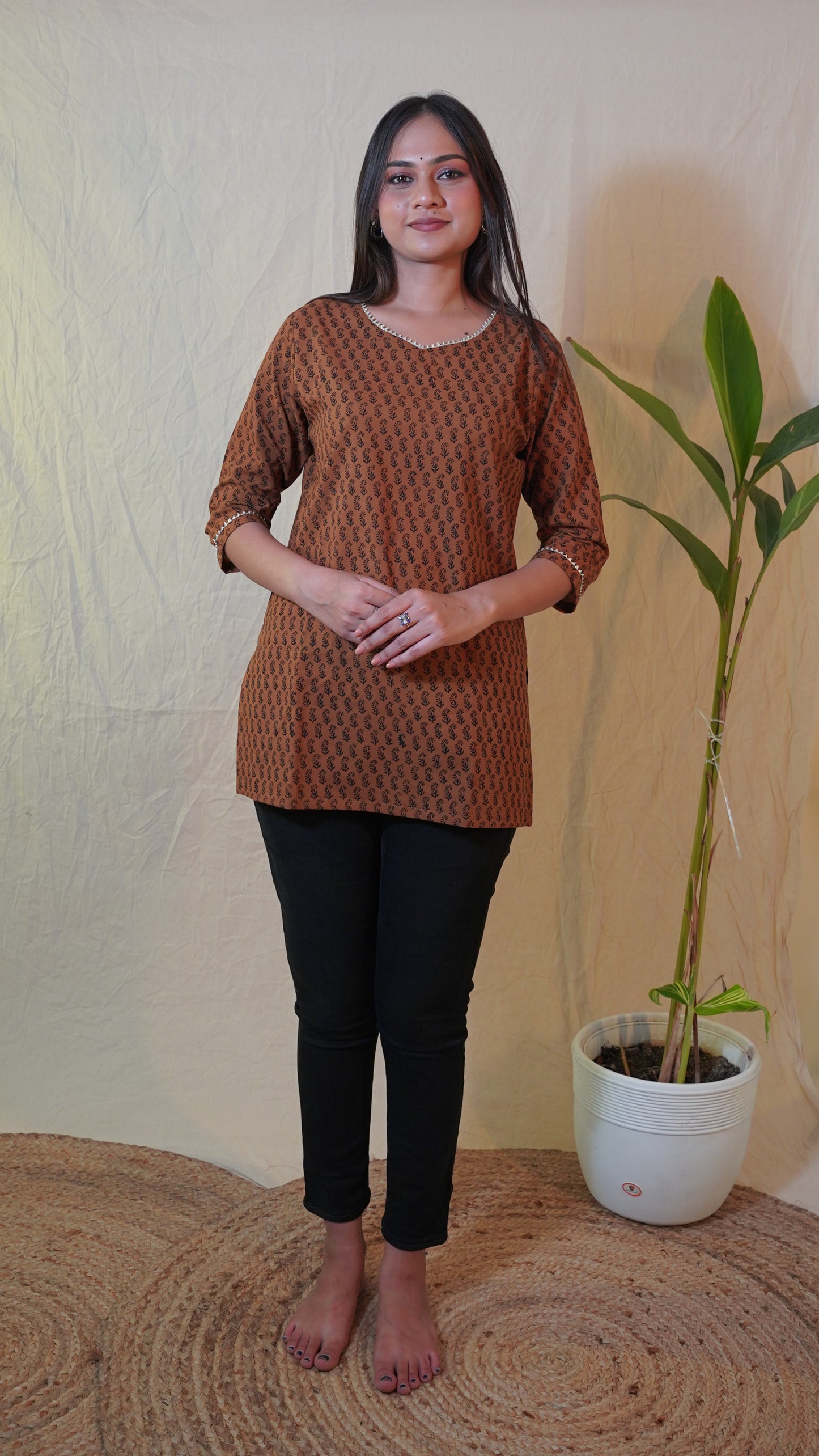 COFFEE BROWN BAGH PRINT SHORT KURTI