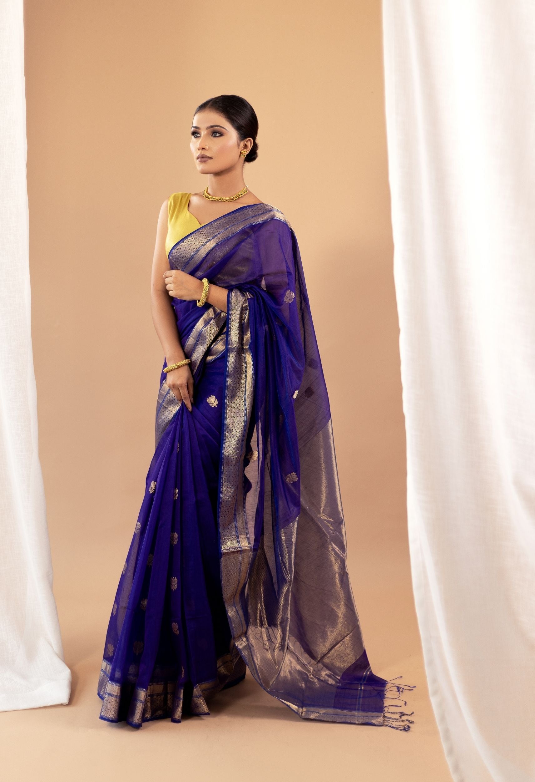 ROYAL BLUE MAHESHWARI SILK SAREE WITH GOLEN ZARI WORK
