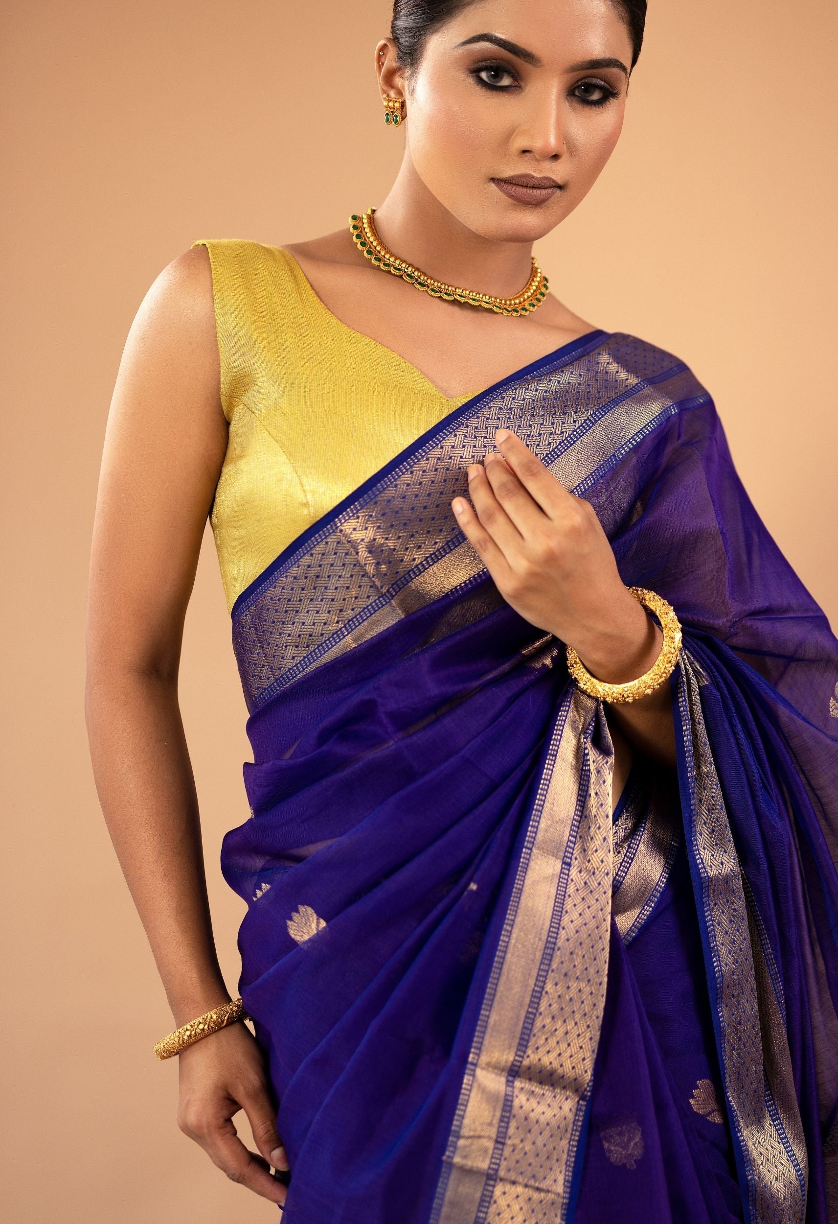 ROYAL BLUE MAHESHWARI SILK SAREE WITH GOLEN ZARI WORK