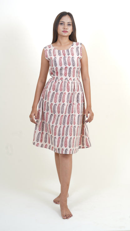 WHITE RED & BLACK BAGH PRINT DRESS