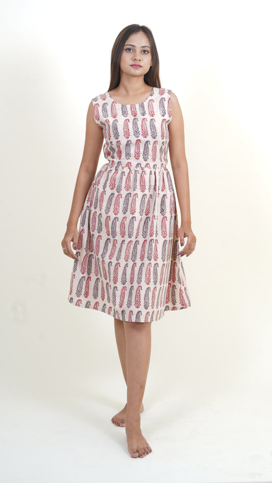 WHITE RED & BLACK BAGH PRINT DRESS