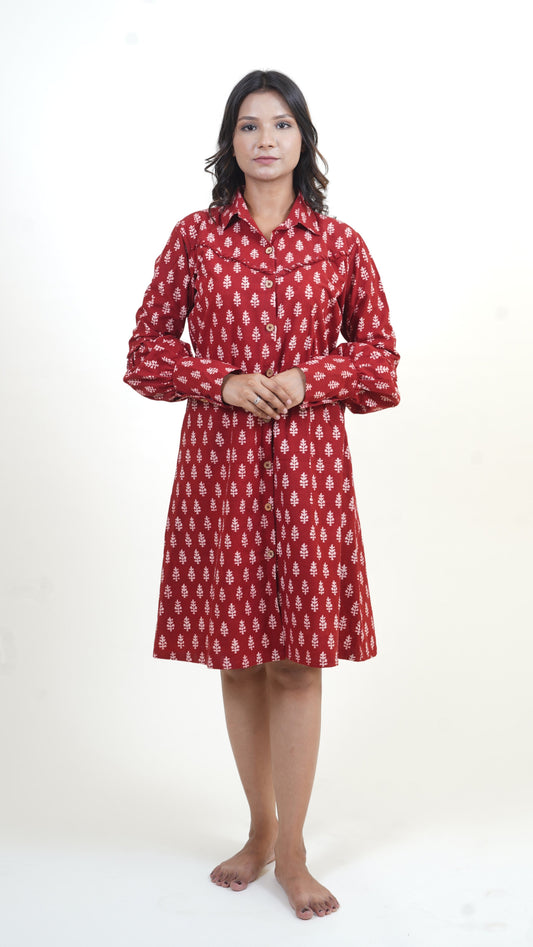 RED WHITE BAGH PRINT DRESS