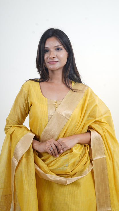 YELLOW TISSUE SILK STRIPE MAHESHWARI SUIT-DUPATTA SET