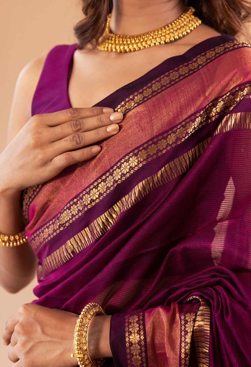 DARK MAGENTA ZARI BORDER MAHESHWARI SAREE