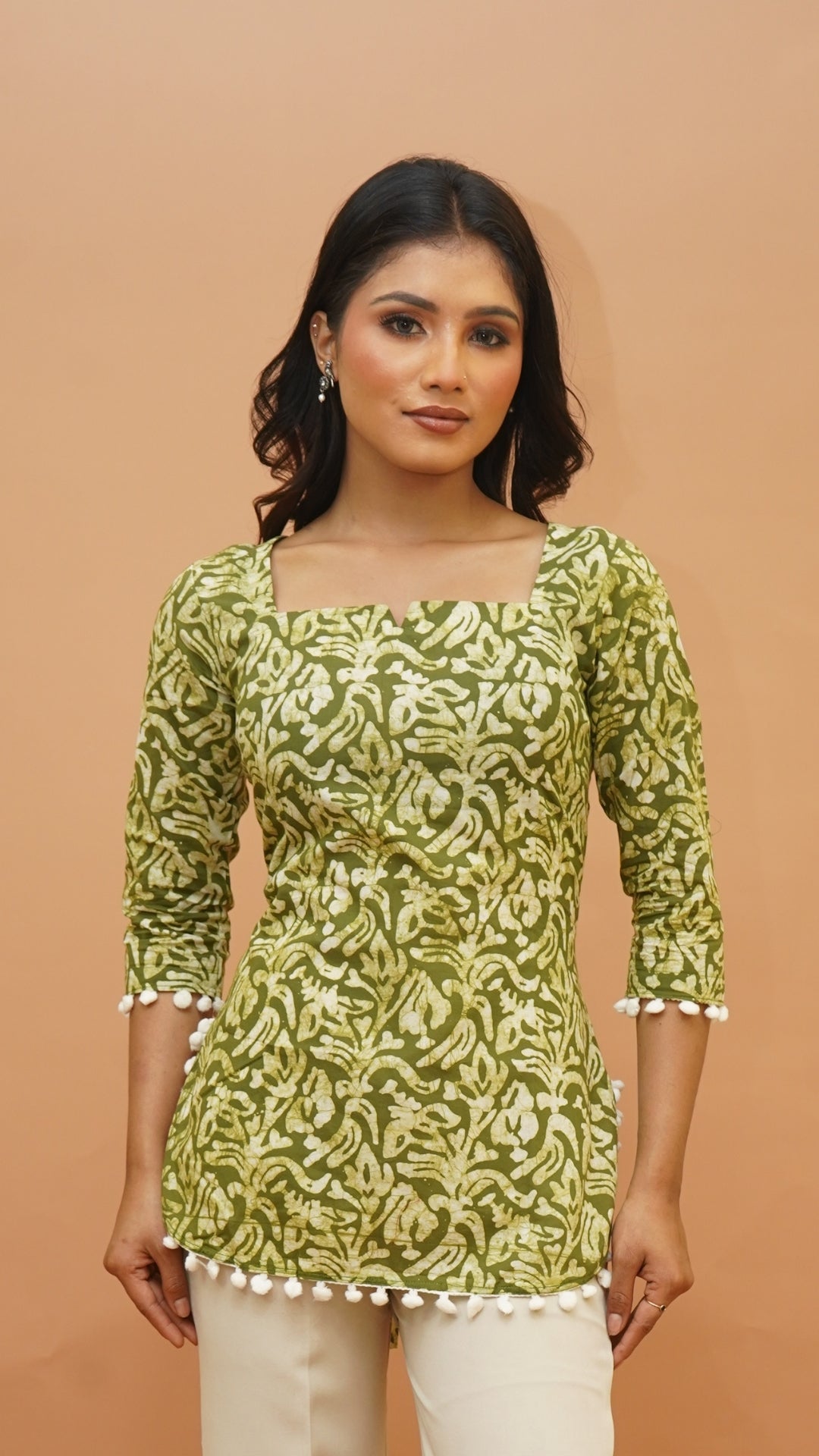 GREEN WHITE BATIK PRINT SHORT KURTI