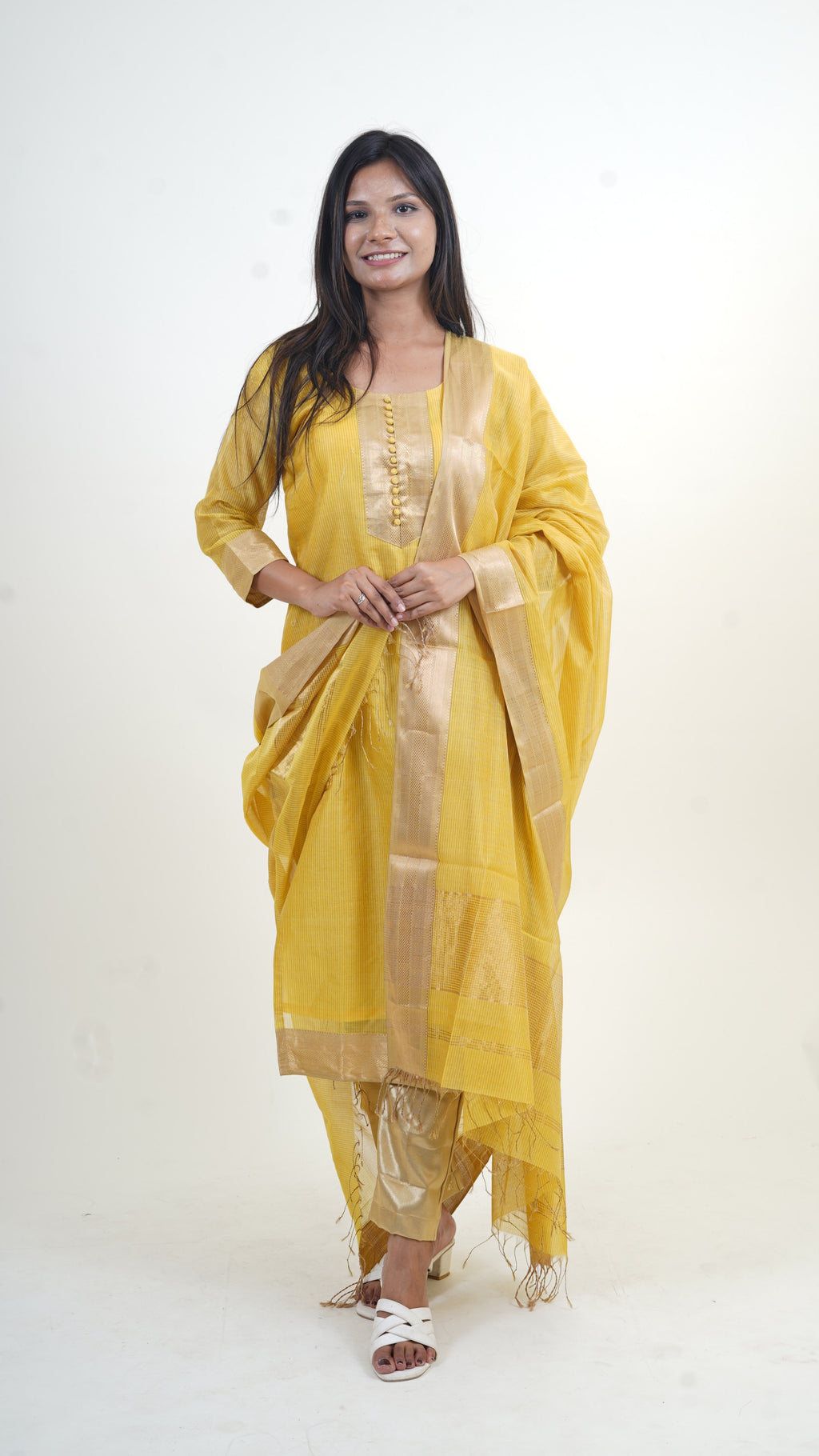 YELLOW TISSUE SILK STRIPE MAHESHWARI SUIT-DUPATTA SET